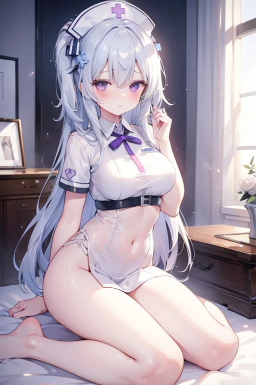 One girl with long hair, white hair, banglue inner hair:1.25) , purple eyes, looking at viewer, blushing, embarrassed, (embarrassed:1.2), nurse, nurse hat, indoor, bedroom, slim, dizzy, mid-chest, wide hips, perfect waist, day atmosphere, hair ornament, bare legs, sitting, kneeling pose