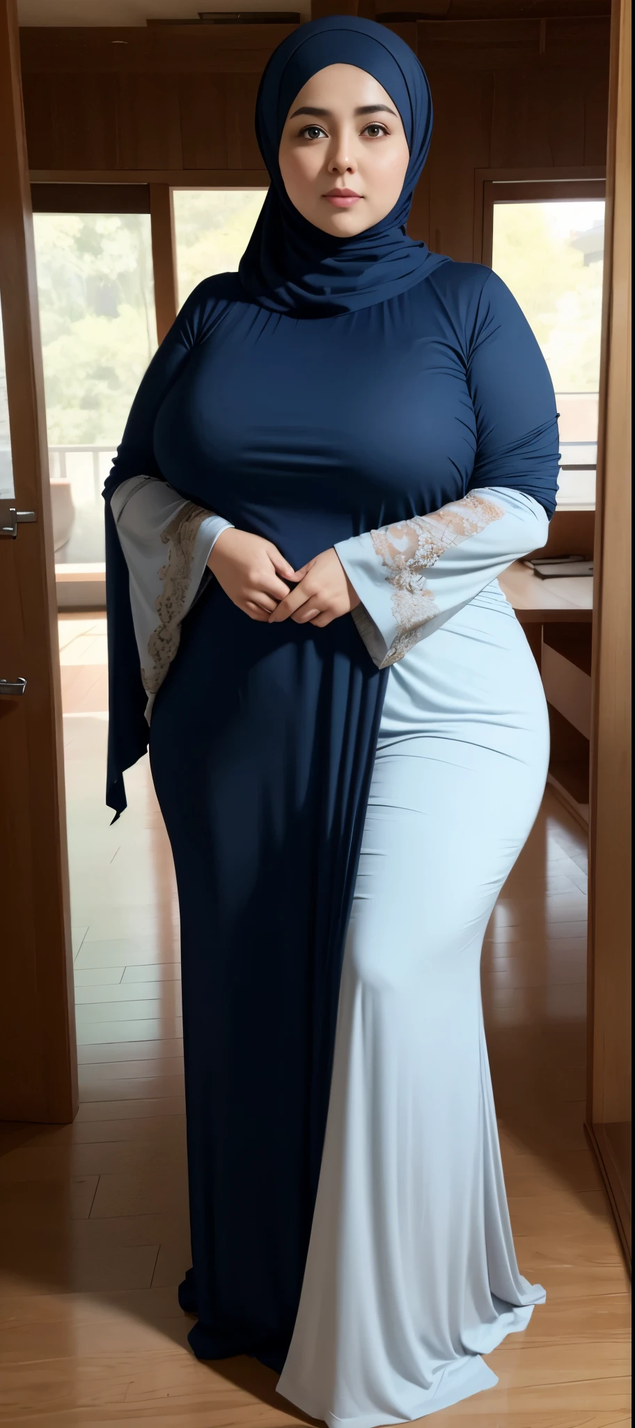 Chubby woman with fat belly and tight thighs, full body, 50-year-old mature woman, thick hips, thick neck, thick chest, big eyes, wearing a longest dress, wearing a hijab, hijabi woman
