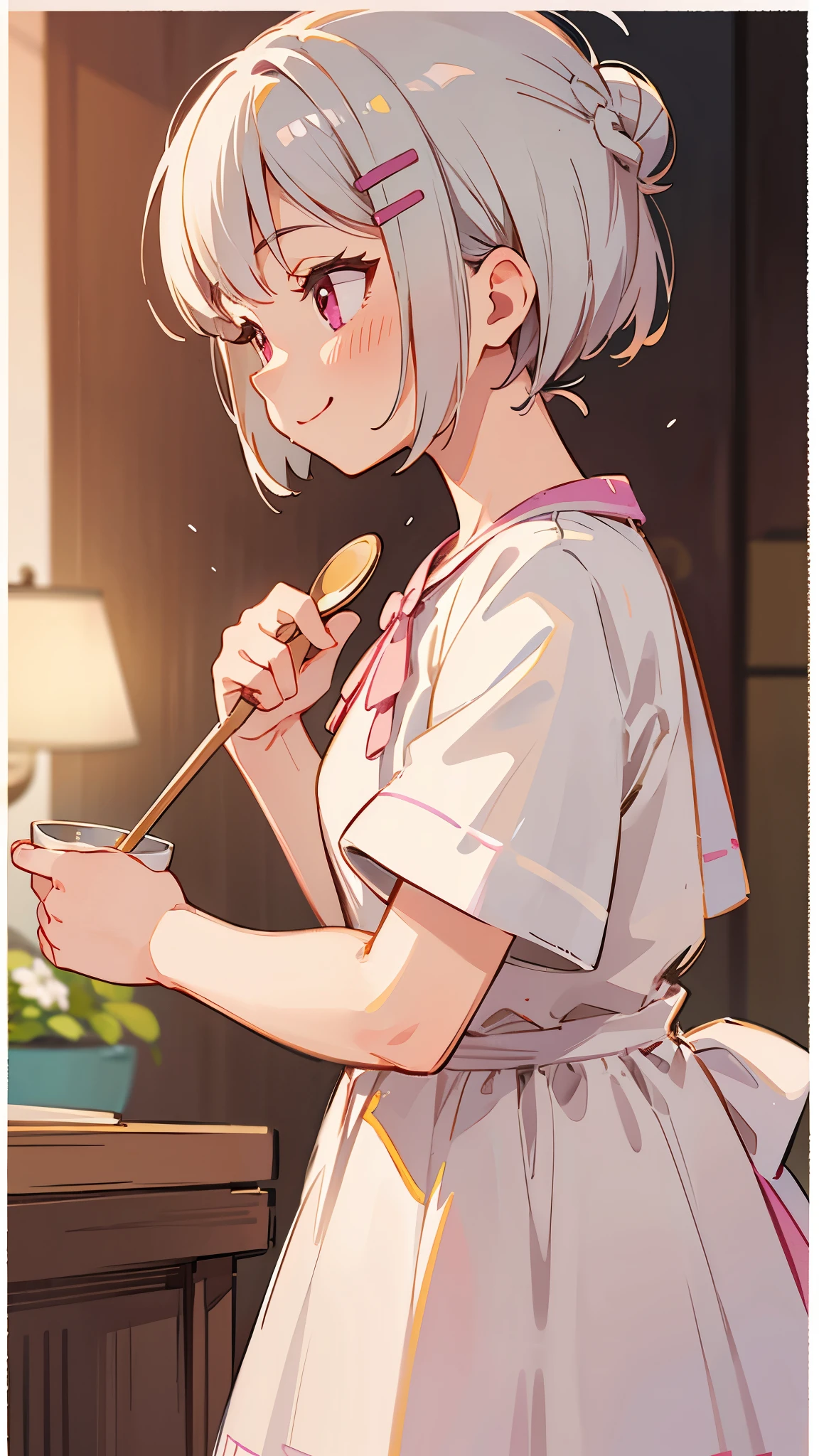 (highest quality,High resolution,Very detailed),eat porridge, Short silver bob hair tied in a bun with a hair clip, Pink Eyes、spoon, smile、From the side、Background blur, Depth of written border