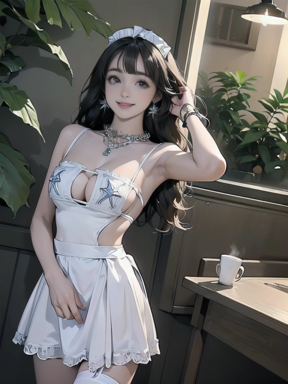((((highest quality))))、(((Ultra-precision CG16K wallpaper)))、(((masterpiece)))、(((Super detailed)))、(((Extreme detail)))、((1Mature 24 year old woman:1.3))、((Very beautiful Japanese faces))、((Shiraishi Mai:1.3))、((Soft wave semi-long hair、blunt bangs:1.5))、(Shiny brown hair)、Beautiful delicate eyes、eyeliner、eye shadow、Brown eyes、High nose、Small nostrils、Small Mouth、Seductive lips、Beautiful breasts、((C cup size breasts))、Cleavage、Voluptuous body、Perfect proportions、Perfect Anatomy、Perfect composition、Beautiful detailed shading、Beautiful, natural lighting、Beautiful detail glow、Depth of written boundary、(((High chroma)))、(((Real:1.9)))、((vivid:1.5))、((Beautiful Skin))、((Skin Texture))、((Realな皮膚感))、(((Cowboy Shot:1.6)))、((Front view、Front low angle:1.5))、((Shy laugh:1.5))、(The woman is facing this way:1.5)、Bright daylight、Natural light、(((Coffee shop、Foliage plant:1.5)))、(standing pose:1.5)、(((White maid costume:1.6)))、((Earrings、Wearing a necklace:1.3))、