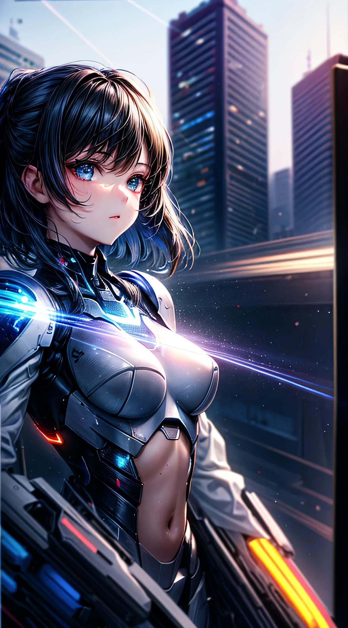 highest quality ,masterpiece, shape, Very delicate and beautiful, Very detailed ,CG ,Unity ,8k wallpaper, wonderful, finely, masterpiece,highest quality,Official Art,Very detailed CG Unity 8k wallpaper,Confused, incredibly Confused, Very detailed, High resolution, Very detailed,Beautiful detailed girl,The light shines on your face, 1 girl, Mecha, armor, Mechanical_body, Black Hair, Spaceship, city, cyber punk, star_null,