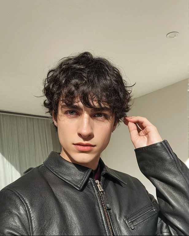 Arafed man in black leather jacket and tie standing in a room, su cabello es desordenado y salvaje, he has short curly brown hair, Finn Wolfhard, pelo corto en la parte superior de su cabeza, su cabello esta desordenado y descuidado, declan mckenna, timothy chalamet, agarra su flequillo en una mano, estilo de seb mckinnon