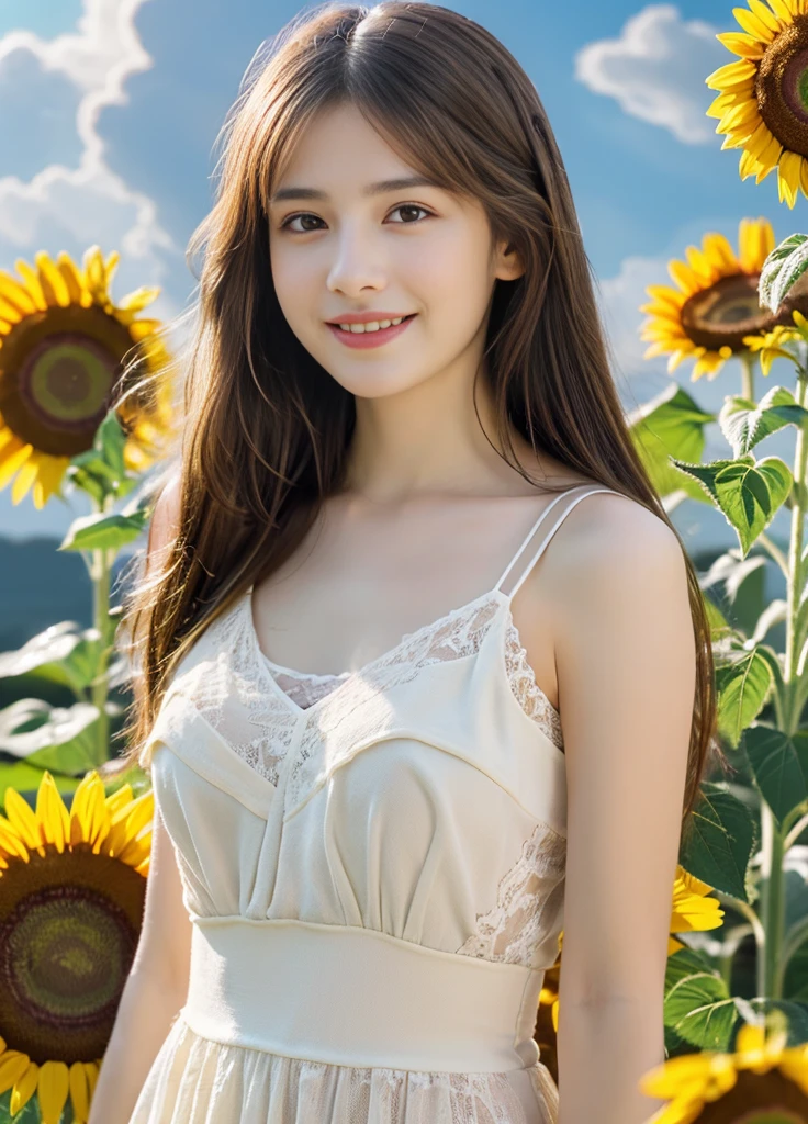 beautiful girl、Japanese、Highest quality、Realistic、16K、Baby Fa、Youong hair、Srough banks、With bangs、white lace dress、(highest quality,4K,8k, High resolution, masterpiece:1.2), Ultra-realistic, Realisticな, Photorealistic:1.37), High resolution, 超High resolution, Studio Lighting, Ultra-fine painting, Sharp focus, physically based rendering, Very detailed explanation, Professional, Vibrant colors, Girl in sunflowers, Fractal Art、smile、panoramic、Full body、Taken from a distance