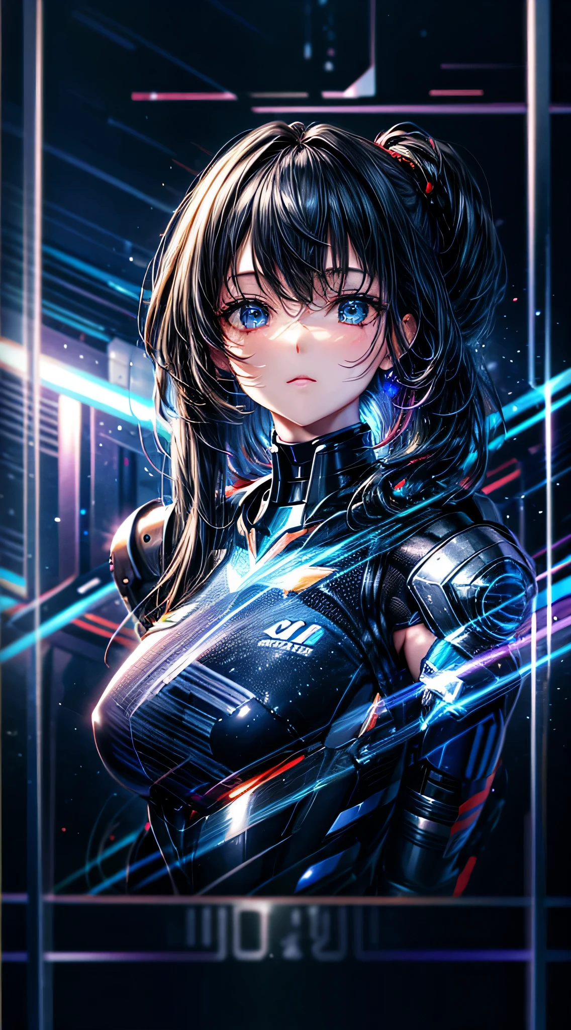 highest quality ,masterpiece, shape, Very delicate and beautiful, Very detailed ,CG ,Unity ,8k wallpaper, wonderful, finely, masterpiece,highest quality,Official Art,Very detailed CG Unity 8k wallpaper,Confused, incredibly Confused, Very detailed, High resolution, Very detailed,Beautiful detailed girl,The light shines on your face, 1 girl, Mecha, armor, Mechanical_body, Black Hair, Spaceship, city, cyber punk, star_null,