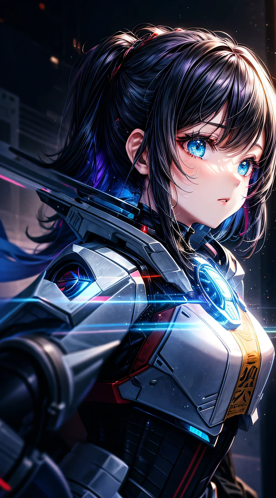 highest quality ,masterpiece, shape, Very delicate and beautiful, Very detailed ,CG ,Unity ,8k wallpaper, wonderful, finely, masterpiece,highest quality,Official Art,Very detailed CG Unity 8k wallpaper,Confused, incredibly Confused, Very detailed, High resolution, Very detailed,Beautiful detailed girl,The light shines on your face, 1 girl, Mecha, armor, Mechanical_body, Black Hair, Spaceship, city, cyber punk, star_null,
