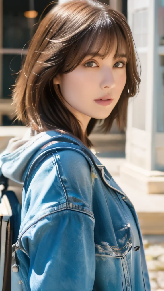 Best quality, 8k, ,Masterpiece :1.3)), facing viewer,((full body1.2)) ,pretty woman, wide shot ,1girl, , selfie , ,, Windmill , brown hair , bangs,ultra-detailed face, highly detailed lips, detailed eyes, double eyelid