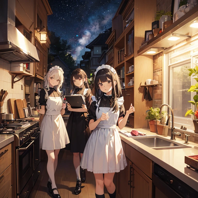 A group of maids, (in kitchen), various hair styles, harem, wearing maid uniform, night, details face, , short skirt, seducing, sleeveless , night, starry night