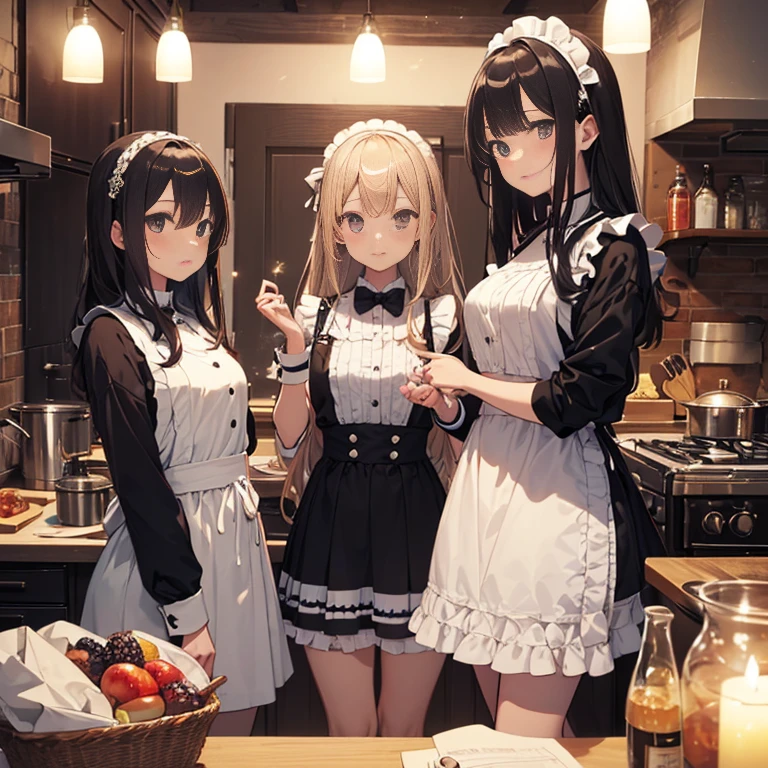A group of maids, (in kitchen), various hair styles, harem, wearing maid uniform, night, details face, , short skirt, seducing, sleeveless , night, starry night