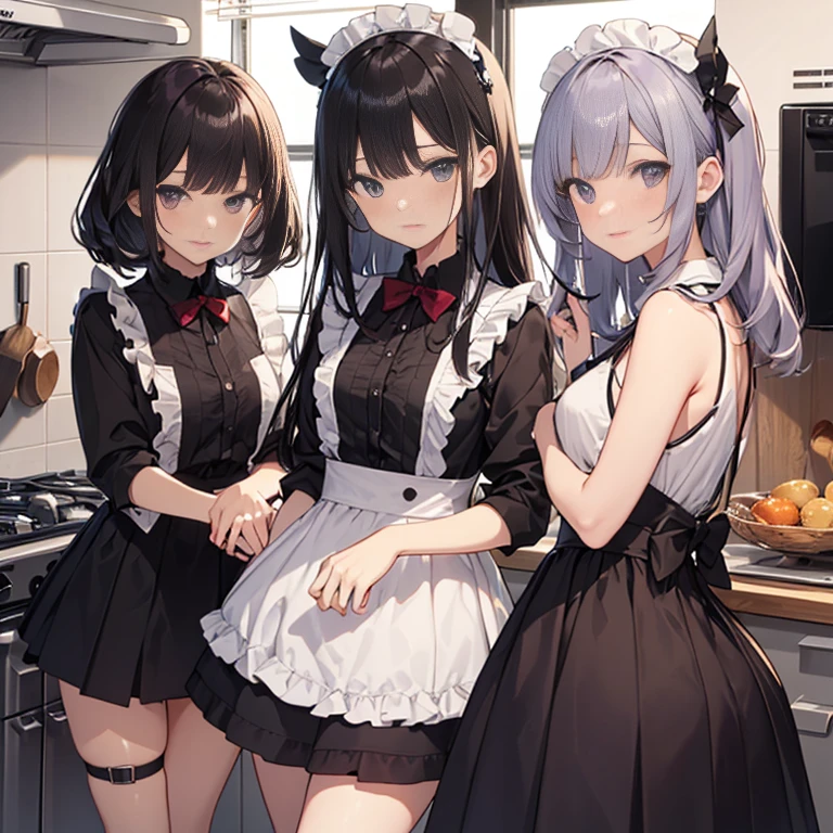 A group of maids, (in kitchen), various hair styles, harem, wearing maid uniform, night, details face, , short skirt, seducing, sleeveless , night, starry night 