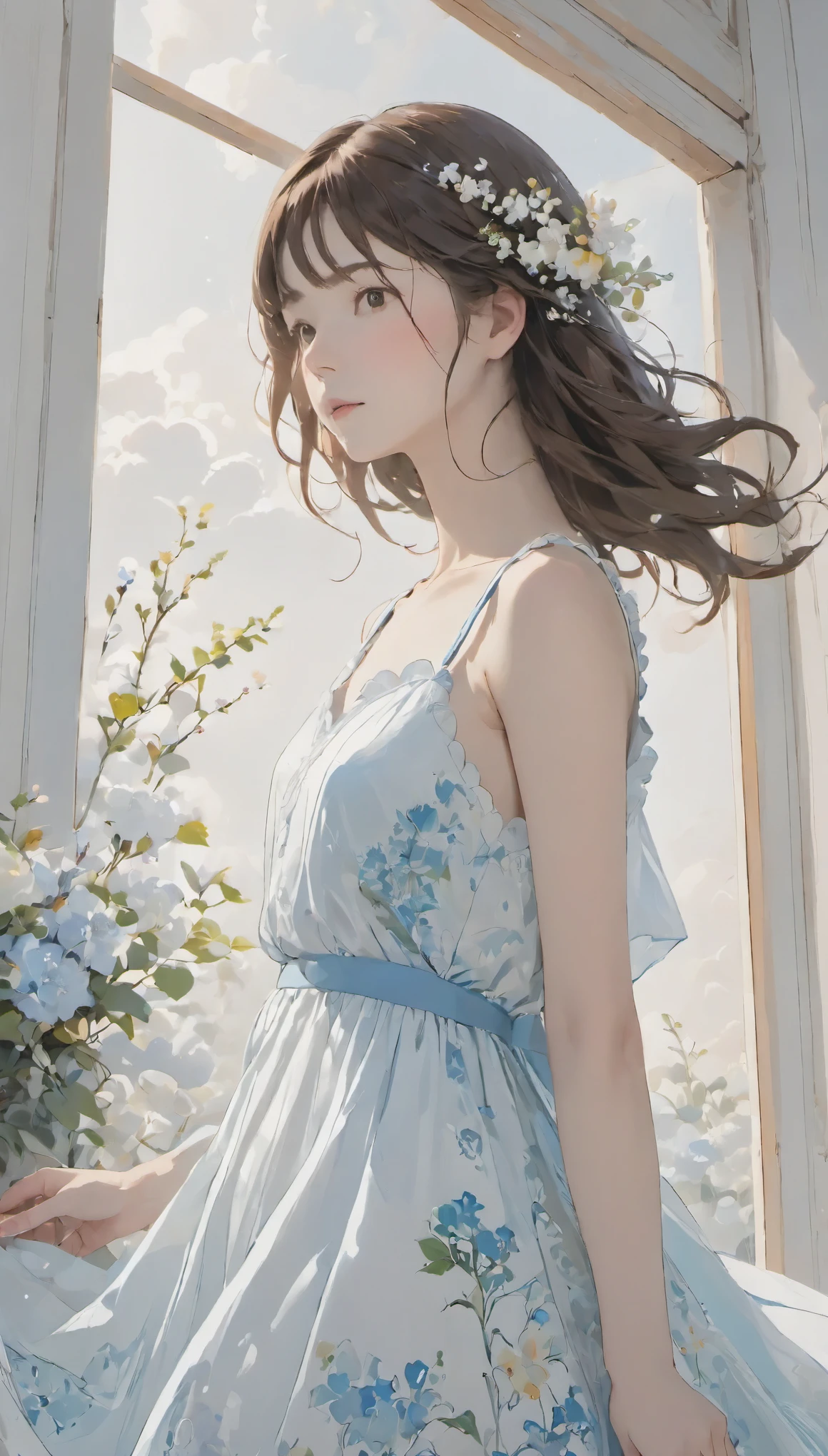 (((simple configuration)))、(((The background is a white wall:1.2)))、One Girl、camisole dress、White Dress、Perfect Anatomy、Very delicate、wall with cloud-like pattern、、Floral、Delicate depiction、Abstract、Bright colors overall、Gentle color、Taisho romance、(masterpiece、highest quality、highest quality、Official Art、Beautiful, beautiful:1.2)、