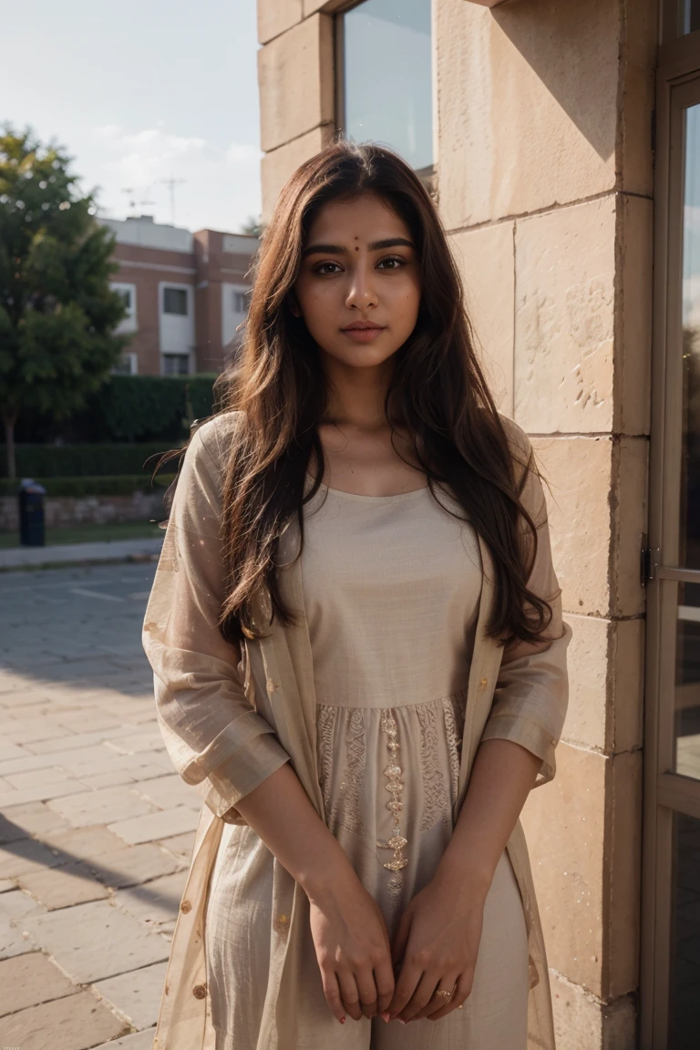 lovely cute young attractive indian girl, brown eyes, gorgeous actress, 23 years old, cute, an Instagram model, long blonde_hair, colorful hair, winter , Indian, wearing salwar-kameez and dupatta