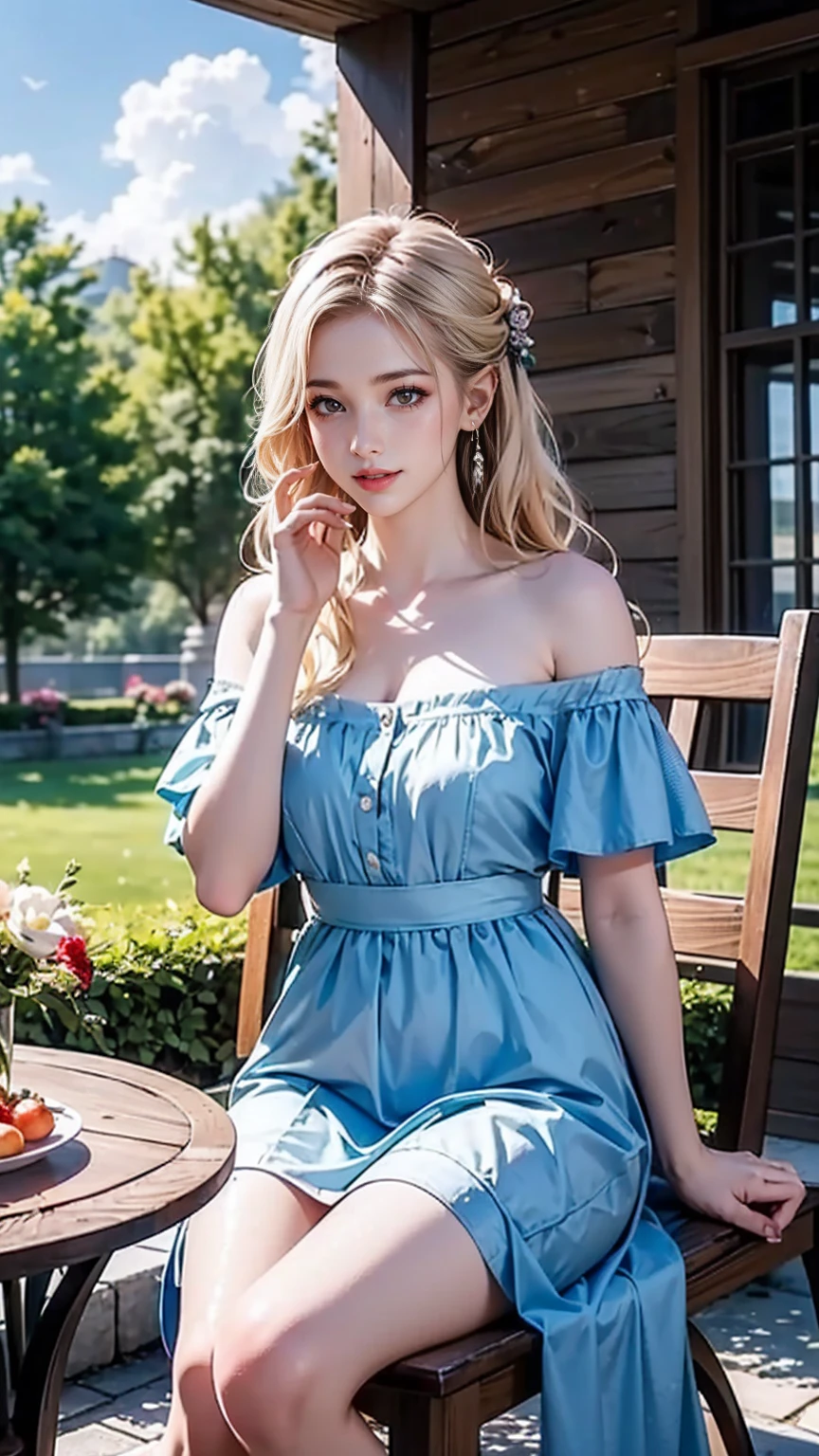 ((最high quality, 8K, masterpiece: 1.3, Ultra HD, high quality, 最high quality, High resolution, realism)) 、(High saturation:1.0), (Highly detailed skin), (最high quality:1.0), (超High resolution:1.0) ,(Realistic:1.0), (Very detailed:1.0), (8K, Raw photo:1.1), slender、Slender, muscular body that's toned like an athlete's、I want my head to stay off screen、Wear accessories on your wrist、Wearing red nail polish、I have a peticure、25-year-old Caucasian female、Platinum Blonde、blue eyes、long hair、Hair above one eye、smile、Gothic historical building、Sit on a chair on the terrace in the courtyard、The table is decorated with a basket of fruit and cups of drinks.、Wear an off-shoulder bodycon dress、Wear high heelansion garden、Blooming profusely、The ground in the courtyard is grass、Surrounded by a hedge、Blue sky beautiful、It's early summer、The wind is pleasant