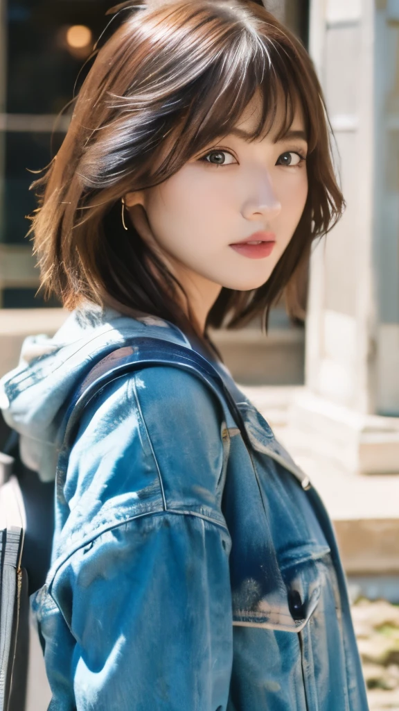 Best quality, 8k, ,Masterpiece :1.3)), facing viewer,((full body1.2)) ,pretty woman, wide shot ,1girl, , selfie , ,, Windmill , brown hair , bangs,ultra-detailed face, highly detailed lips, detailed eyes, double eyelid