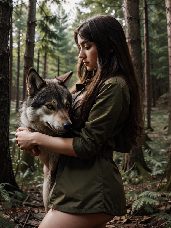 Illustration of a girl with a wolf in the forest