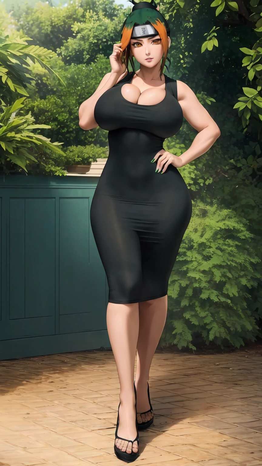 masterpiece, best quality, extremely detail 8k cg, high resolution, 1girl, pakura, green hair, orange eyes, slim body, huge breasts, bursting breasts, black tee shirt dress, sleeveless, cleavage, forhead protector, outdoors, garden, beautiful face, full shot photo, full body