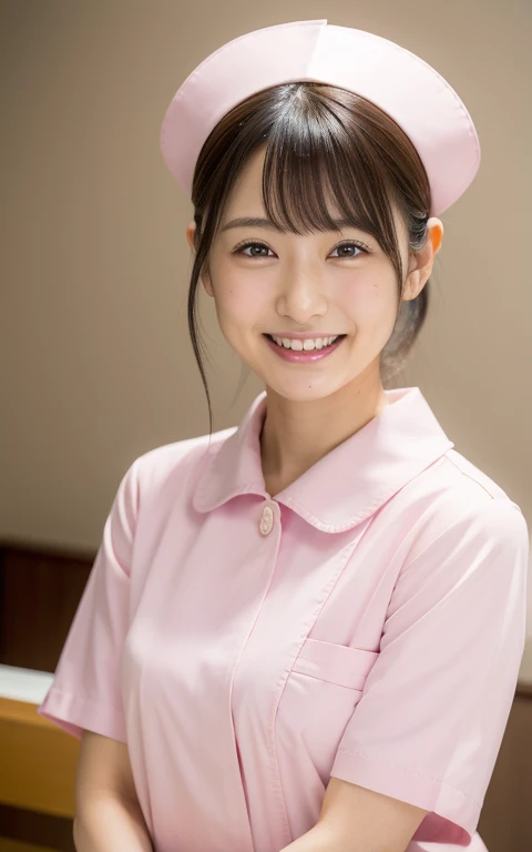 ((highest quality, 8k, Pieces fly: 1.3)), beauty, one japanese girl, nurse, whole body, Perfect Anatomy, Are standing, Black Hair, Blunt bangs, Lower ponytail, 24-years-old, A light smile, Face Focus, Detailed face, Highly detailed lips, Beautiful Eyes, Sweaty skin: 1.2, nurse uniform, nurse cap,hospital、operating room