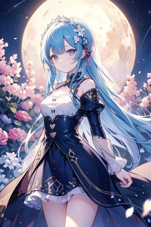 anime girl walking in a garden of flowers with a beautiful starry night in the sky with hearts floating around the picture, ((4k, masterpiece, top-quality)),8k, best quality, high resolution, HD, unity 8k wallpaper, (illustration:0.8), (beautiful detailed eyes:1.6), extremely detailed face, perfect lighting, extremely detailed CG, (perfect hands, perfect anatomy), super complex details, garden of flowers, lots of flowers, sky, starry night, stars, intricate details, anime, 2d, 1girl, solo, (satella_rezero), veil, cowboy shot, standing, smile, fantasy world