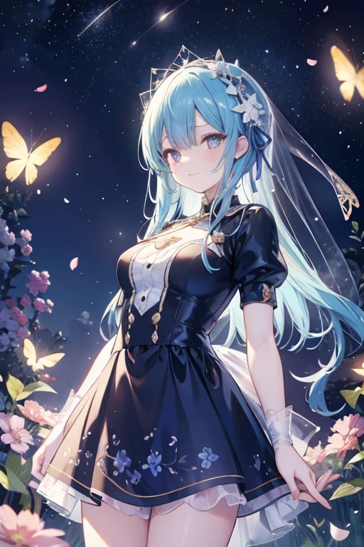 anime girl walking in a garden of flowers with a beautiful starry night in the sky with hearts floating around the picture, ((4k, masterpiece, top-quality)),8k, best quality, high resolution, HD, unity 8k wallpaper, (illustration:0.8), (beautiful detailed eyes:1.6), extremely detailed face, perfect lighting, extremely detailed CG, (perfect hands, perfect anatomy), super complex details, garden of flowers, lots of flowers, sky, starry night, stars, intricate details, anime, 2d, 1girl, solo, (satella_rezero), veil, cowboy shot, standing, smile, fantasy world
