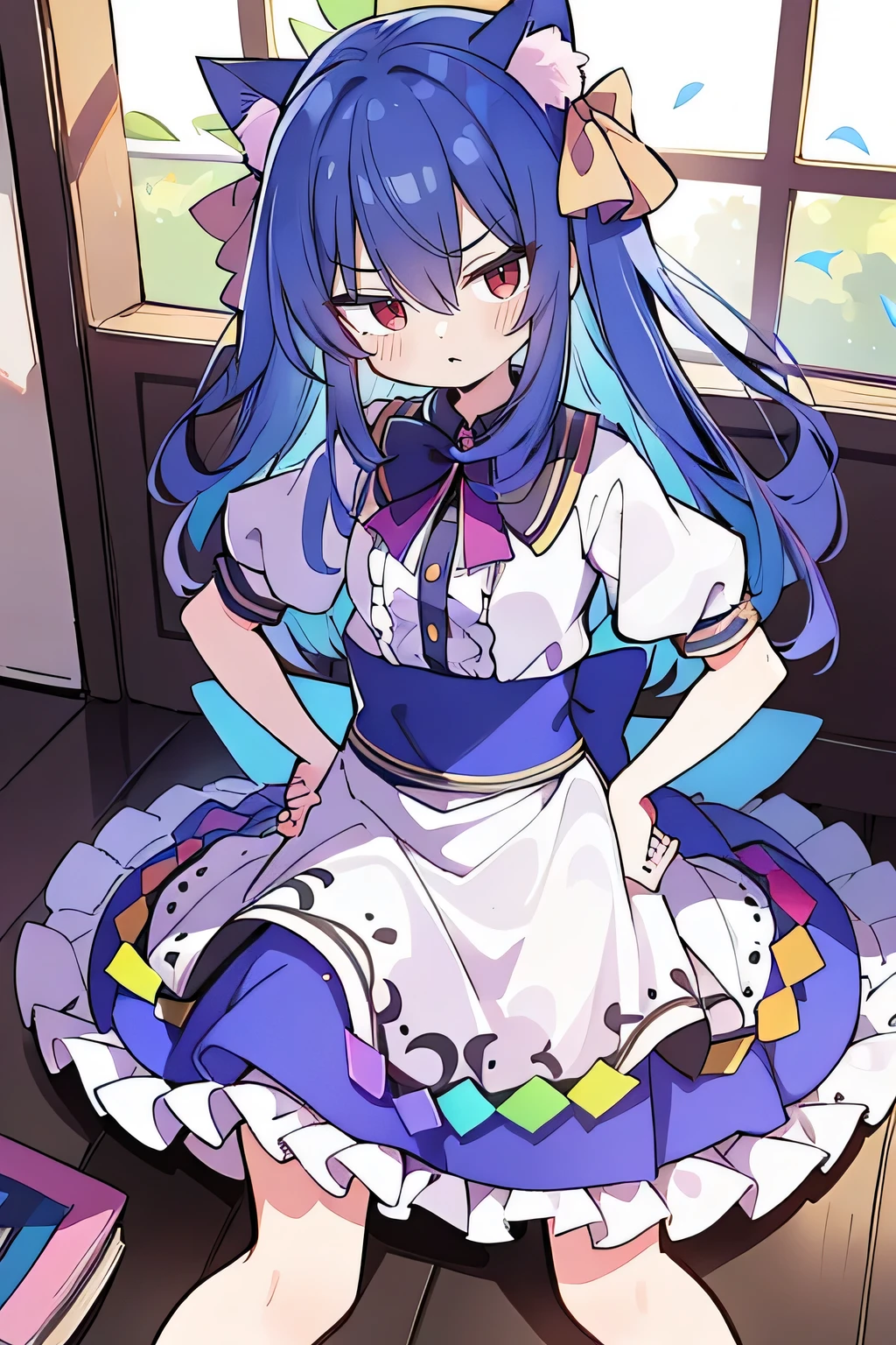 (masterpiece),best quality, expressive eyes, perfect face, 1girl,
Put your hands on your waist,fair, Gorgeous,Japanese cartoons,girl,lola,Hina Angel, blue hair, blue haired, floating clothes,Grab your waist, Grab your waist, hands on hips , hands on hips,sit, sit on ground, Legs on the ground, flat chest,cat ears,Petals fall,Sitting in the summerhouse,summerhouse,