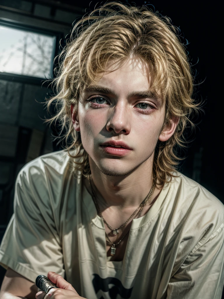 1 boy, guy, handsome, 18 years old, close up photo,squat,Camera angle from below,,Short hair,Holding a katana sword,blonde hair, messy hair, handsome,black t-shirt,Cross necklace,black trousers,red eyes, vampire, ultra detail, ultra HD, masterpiece, best quality