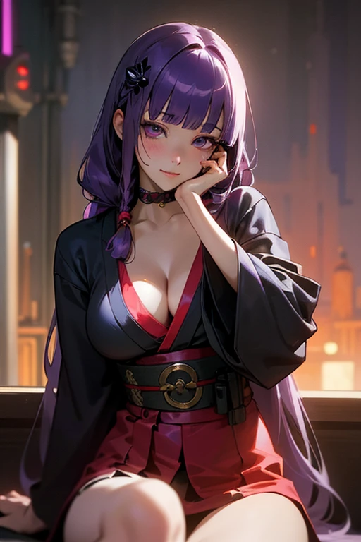 1 girl, Blunt bangs, Braiding, Wide sleeves, hair ornaments, kimono, Red belt, (Purple Hair:1.2), Very long hair, Straight hair, Looking at the audience, Highly detailed background, (Realistic:1.2), Beautiful Eyes, Red eyeshadow, Written boundary depth,thigh, (Ulzzang-6500:0.7), Upper Body, (alone:1.2), (Cyberpunk City:1.1), Cleavage, Shiny skin、Sit at the bar counselor、hair blowing in the wind、Touch your cheeks with both hands、