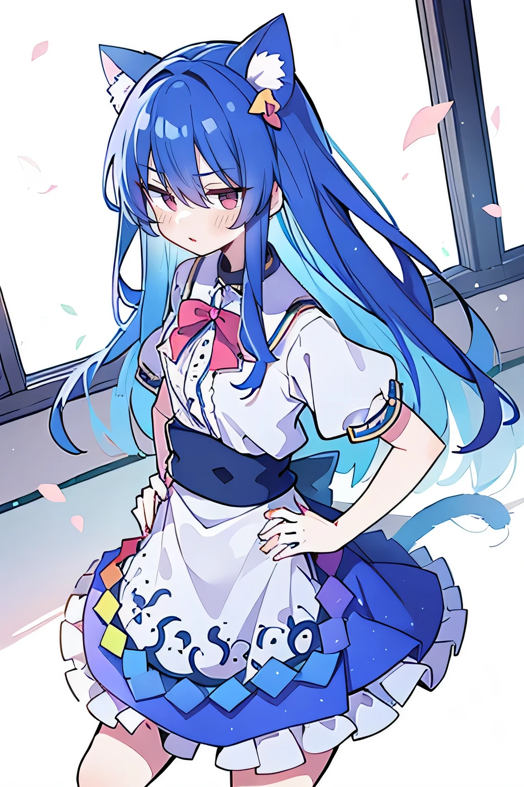 (masterpiece),best quality, expressive eyes, perfect face, 1girl,
Put your hands on your waist,fair, Gorgeous,Japanese cartoons,girl,lola,Hina Angel, blue hair, blue haired, floating clothes,Grab your waist, Grab your waist, hands on hips , hands on hips,sit, sit on ground, Legs on the ground, flat chest,cat ears,Petals fall,Sitting in the summerhouse,summerhouse,