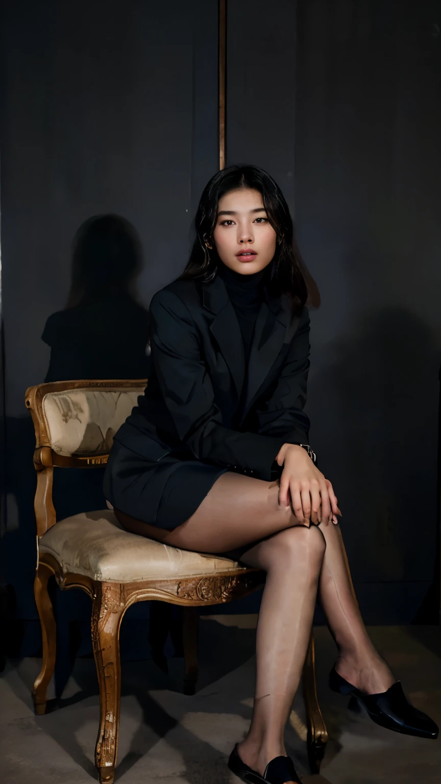 araffe sitting on a chair,Wearing a black coat and black shoes, woman wearing black coat and stockings, Wearing a black noble suit, Korean female fashion models, wearing Black suit, Bae Suzy, graceful and confident posture, Cui Xianhua, woman in Black suit, Black suit, 穿着Black suit, Girl in a suit,Delicate woman,High-end,
