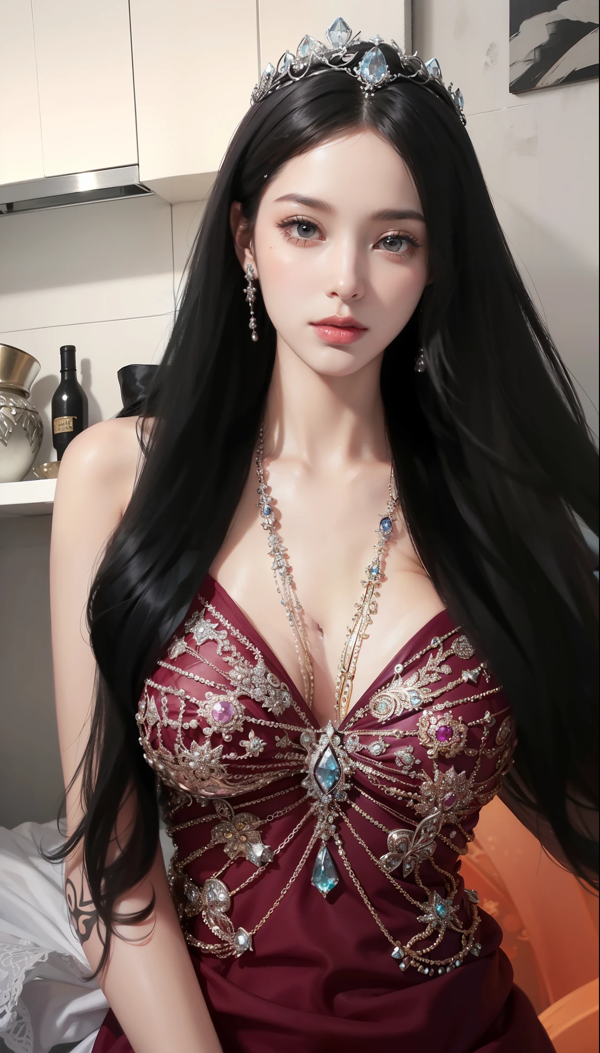 Royal Sisters，Exquisite eyes，Snow Queen，Put the crown on your head，Detailed facial expressions body，tall and big，Gorgeous，Leg length，4K，HD，Sensual，Translucent lace，白皙Full picture，Pretty Face，Little cherry mouth，Beautiful and delicious（3D Royal Sisters），Full picture，Glossy Gel Coat，Queen in luxurious dress，Crystal Gem Crown，Necklace jewelry，black tattoo(whole body)，The tattoo is very three-dimensional，Gorgeous and intricate tattoo designs，tattoo queen，8k超HD，Ultra-clear portrait，hair is very long