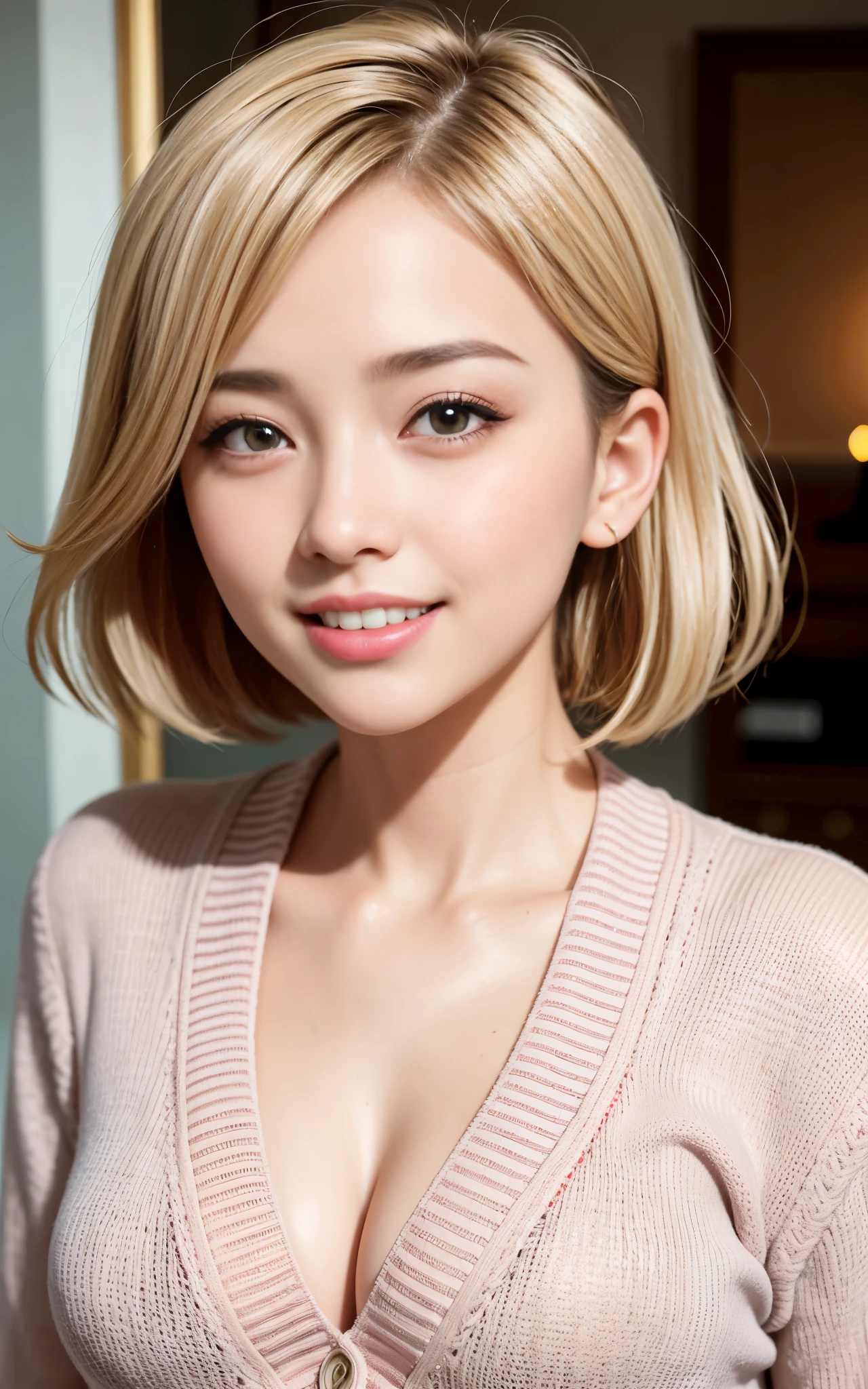 highest quality, figure, Ultra-detailed, finely, High resolution, 8K Wallpaper, 完璧なダイナミックな構figure, Beautiful Skin, (Big Eyes), 20 year old beautiful girl, Natural color lip, (Sexy pose), Mid chest, smile, Highly detailed face and skin texture, Detailed eyes, Double eyelid,leaking teeth and laughing, close-up, Beige bob hair, (Pink Cardigan), (trainer:1.2),indoor