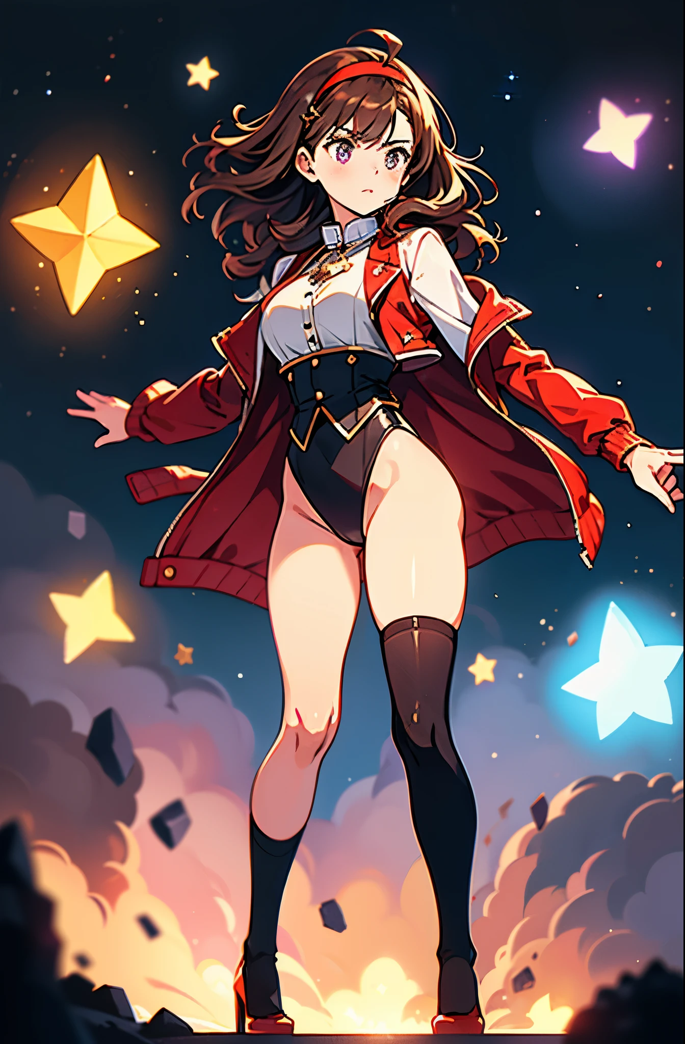 Woman with brown eyes, age 21 (medium hair, dark brown hair, wavy hair, red hairband), ahoge, ((white blouse with black stars, vest, jacket, opened jacket, red jacket with stars)), (leotard, bare legs, black thigh highs, high-heel shoes), purple stellar energy around, cosmic power, cosmic shining power. purple eyes, beautiful detailed eyes, beautiful detailed face, cute face, perfect hands, complete fingers, perfect ???????, perfect proportions. (casting a spell). full body costume design, full body, cowboy shot.