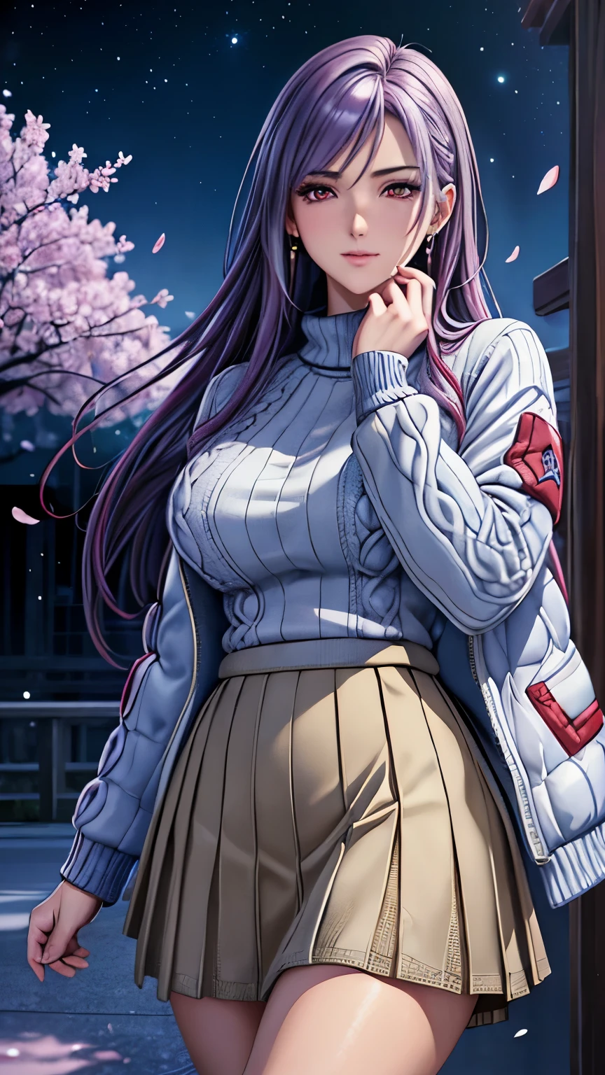 red eyes, (highest quality, masterpiece painting:1.3), immature woman, 16 years old, (half body shot), masterpiece, ultra high resolution, (Photoreal:1.0), light purple hair,straight hair, beautiful shining hair, white and shining skin, ((Ultra realistic details)), octane rendering, highly detailed face, (big breasts:0.8), (make a heart with hands), (Attractive delicate design river trimmed lace dress,  (((Knitted sweater:1.5, Jumper skirt:1.2, Down jacket))), White cherry blossom embroidery pattern, silver earrings,（milky way galaxy), Hair flutters under the influence of the wind, Japanese garden with beautiful cherry blossoms at night, Mysterious night sky, Beautiful Landscapes, sharp focus, intricate details, professional artwork, (bright colors:1.1), bright colors, diffused lighting, digital blending, ultra-definition body, ultra detail hair, super detailed face, that&#39;It&#39;s trending on pixiv, top button open, Cute gaze, compensate, perfect lips, perfect compensate, Ultra-precision coating, (light_smile:0.8), (Very embarrassed:1.2), blush your nose,