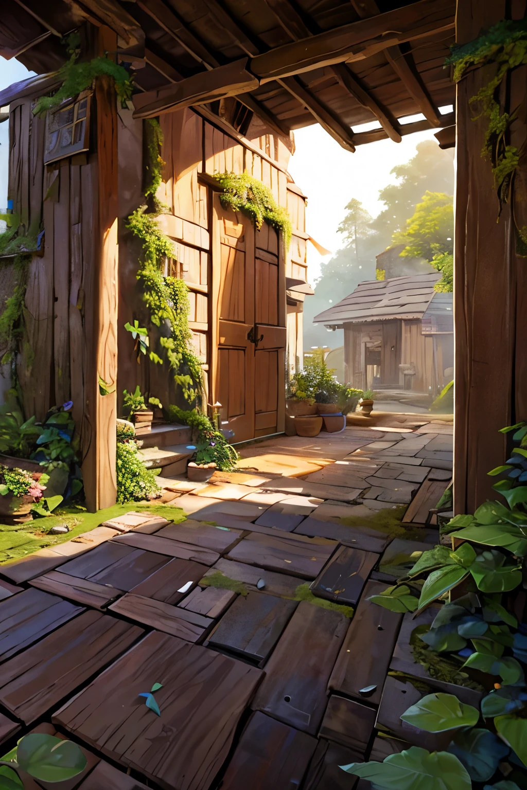 an ancient wooden door slightly overgrown by plants with peeling light brown paint. in the background is a colorful village in the medieval times