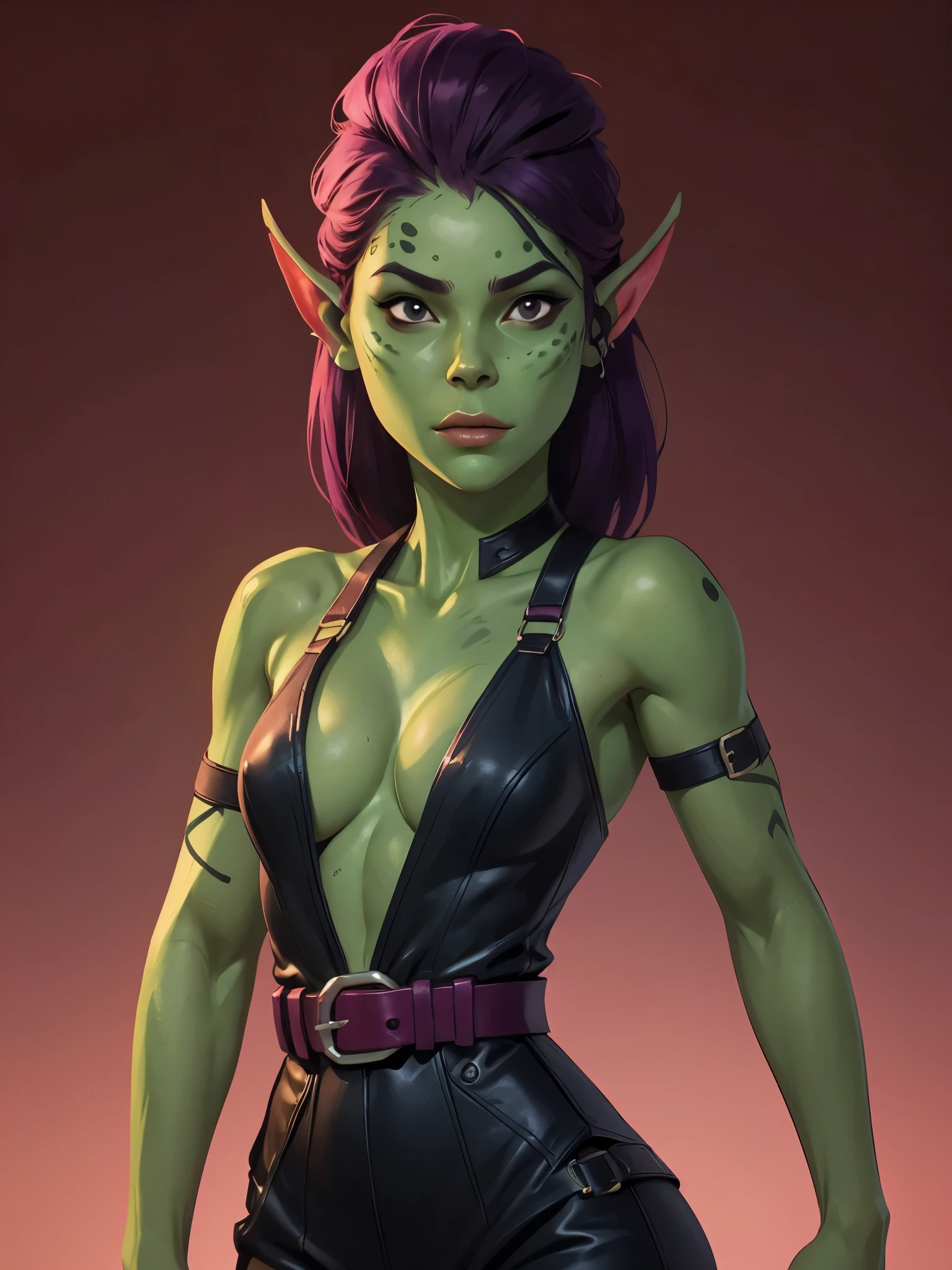 one githyanki girl, githyanki, (green skin, pointy ears, long ears:1.5), solo, (slender body:1.2), (muscular, upper body, bust:1.2), black eyes, black hair, (revealing outfit, tiny breasts, small breasts, male chest, cleavage, exposed body, open breasts, naked breasts:1.5), bare shoulders, (belts, shoulder-belts:1.3), masterpiece, highly detailed, look at viewer, shiny blured orange background, gradient sprayed background, front view, gradient red purple background, blured background, glowing edges of image
