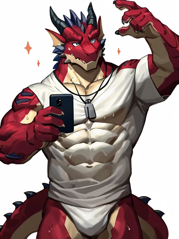 POV,top angle,sleep on stomach,lats,trapezius,butt lift,kemono, anthro (dragon), male, (dragon), muscular, back, red body, white belly ,sweat, ((correct anatomy)),stand up, sexy stand, white background, 1 boy, solo, pain expression, canine tooth, hd, dark shadows, wide dynamic range, hdr, low light:1.2, front view, dragon, hairy, black and white fur, hairy, Sweating, Sparkling blue eyes, Big pink‚ with big‚ abs‚ handsome‚ sex, sad face, wearing white shirt, shirt, up view, high quality, super detail, short, 1080P, high quality, high quality, best quality, 8k, super detail, 16k, injury, bloods, half body, full view, whistle, looking up, face up, side view, selfie, phone
