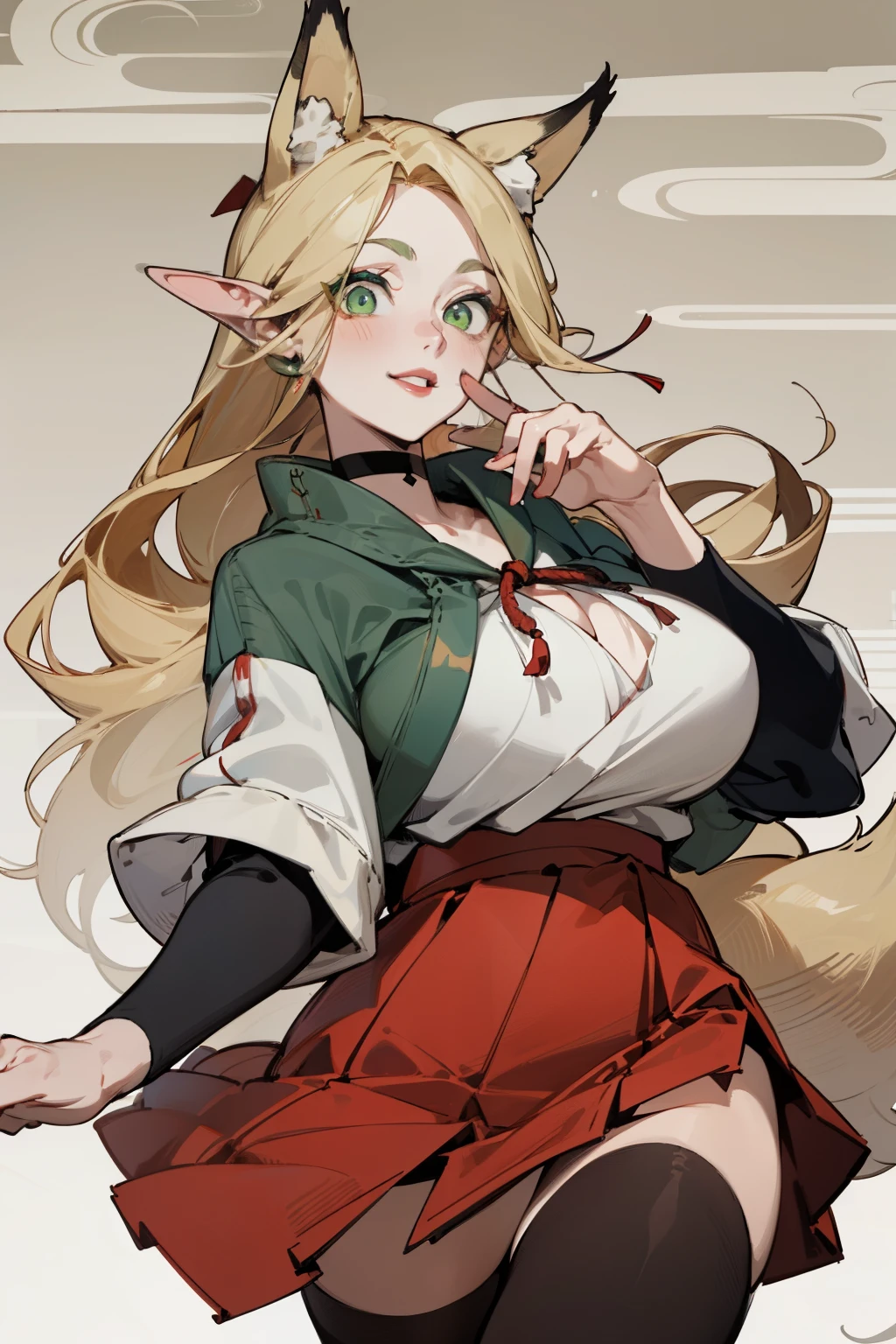 solitary, (Fox ears), Exquisite eyes, blond hair,Facial details, Green Eyes, Red Eyeshadow, lips are red, Fake laugh, Ukiyo-e, masterpiece, high quality, big breasts,Red skirt,Black tights,High heel