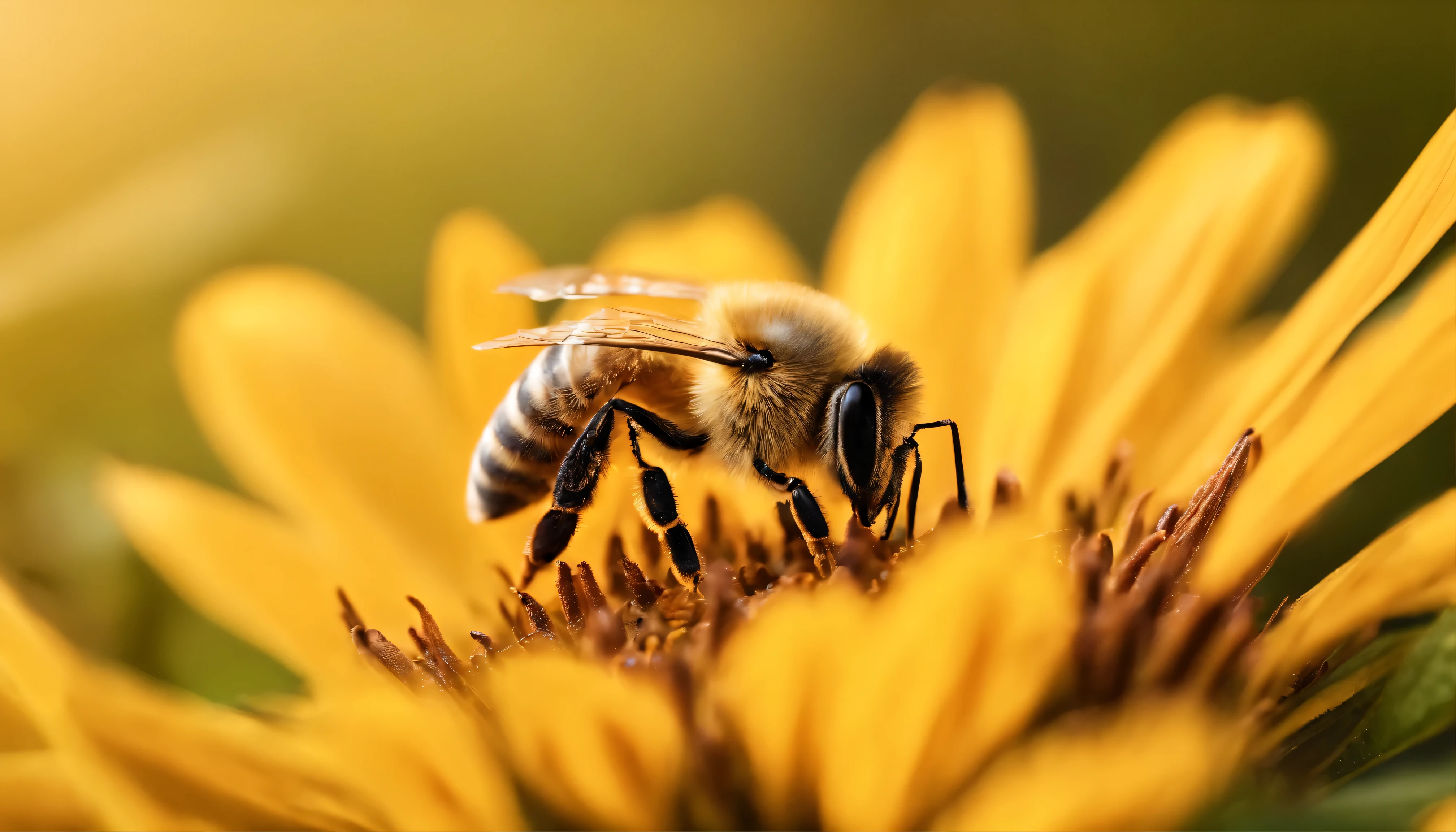 Bee on sunflower, Close-up shot,high quality, 8k, studio lighting, Professional Photography, detail,