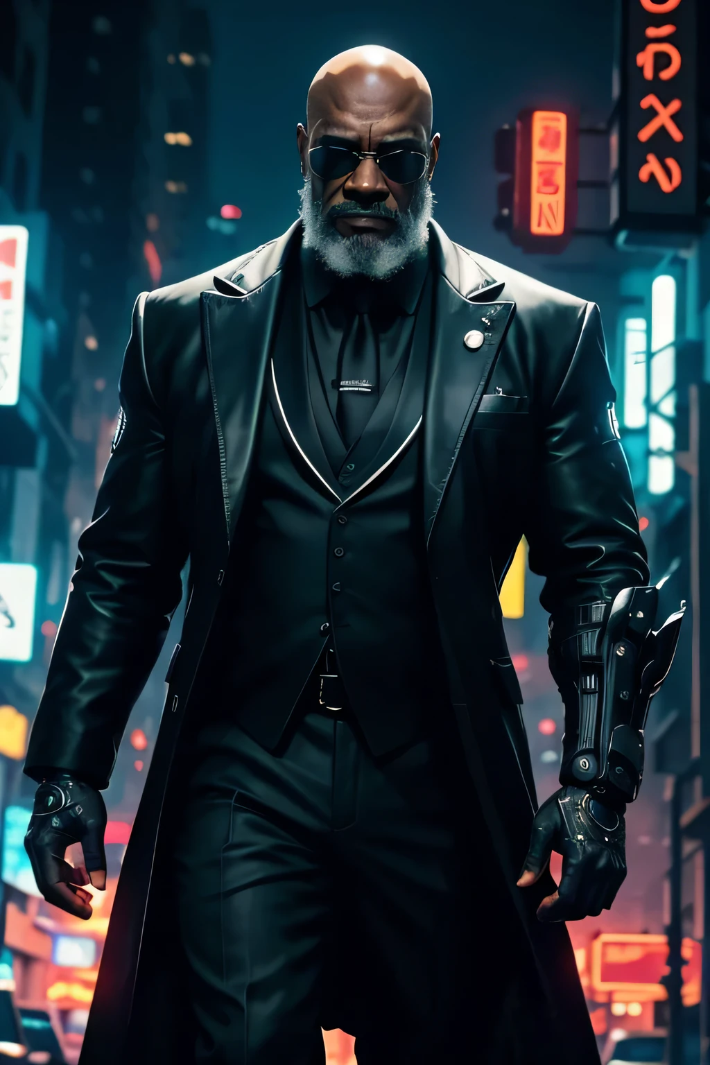 In the Shadowrun univers, in night city by night, a portrayal of a very big and strong black old man who looks like Morpheus in the Matrix movies with a very white biker beard. He's totaly bald and wearing futuristic sunglasses. there is no hair on his head. He's angry. This man has a right robotic arm with a cyber hand. He' wearing a futuristic black and white suit with a white shirt and a red tie. Behind him, we can see the night city with many fluo neon lights and the very hight buildings. The street is dirty with lot of trash around.