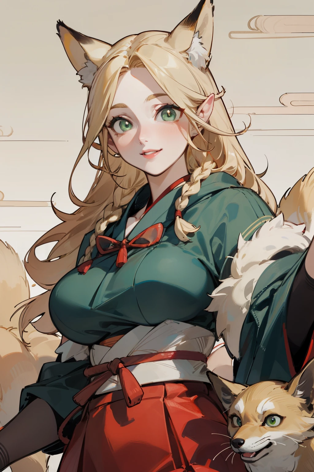 solitary,  (Fox ears), Exquisite eyes, blond hair，Facial details, Green Eyes, Red Eyeshadow, lips are red,  Fake laugh, Ukiyo-e, masterpiece, high quality, big breasts，Red skirt，Black tights，High heel