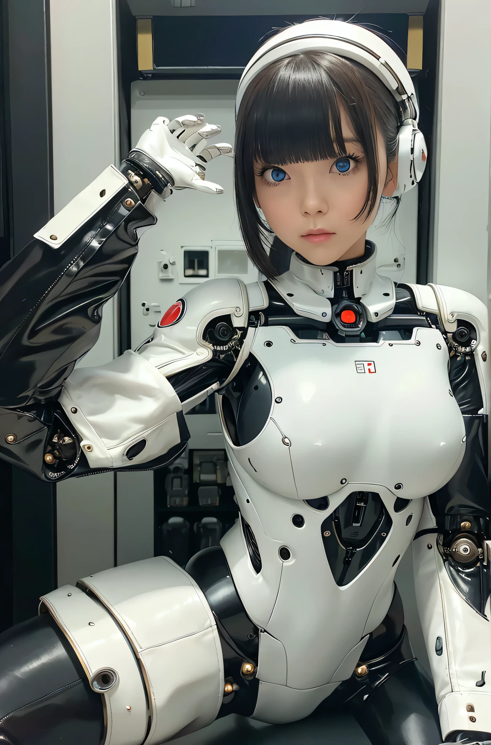 masterpiece, best quality, extremely detailed, 8k portrait, Japaese android Girl,Plump,control panels,Mechanical Hand, Robot arms and legs, Black Robot Parts,Mechanical body,Blunt bangs,perfect mechanical abdomen,White robotics parts,perfect robot woman,future laboratory,charging spot,laboratory,long tube,thick cable connected her neck,ceramic body ,perfect mechanical body, white robot body,android,robot humanoid,black sponge joints,The removable cover is in the groin,The connection port is in the groin,opened chest panel,access panel on the chest,white machine body,white robot body,white ceramic breast,perfect plastic breast,She has repaired,assembly plant,miniskirt,leather boots,blue eyes