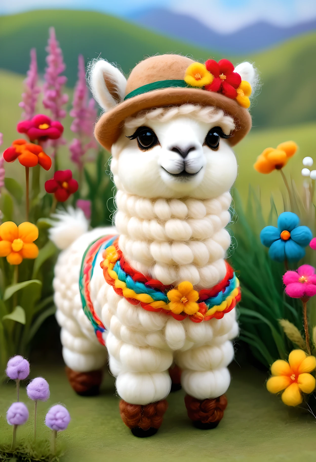 needle felting: Cute alpaca wearing cute clothing, exquisite embroidery, playful accessories, fashionable accessories, colorful ribbons, fashionable hats, soft texture, peaceful garden, colorful flowers, exquisite details, vivid colors, comfortable atmosphere, artistic composition, soft lighting, creative scenes, handcrafted beauty, meticulous craftsmanship, curly fur, harmonious colors, tall grass, peaceful atmosphere, gentle scenes.