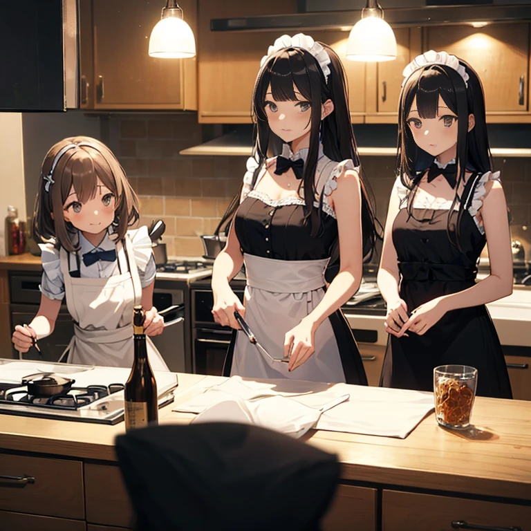 A group of maids, (in kitchen), various hair styles, harem, wearing maid uniform, night, details face, , short skirt, seducing, sleeveless , night, starry night