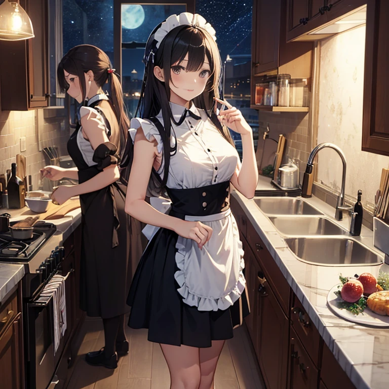 A group of maids, (in kitchen), various hair styles, harem, wearing maid uniform, night, details face, , short skirt, seducing, sleeveless , night, starry night