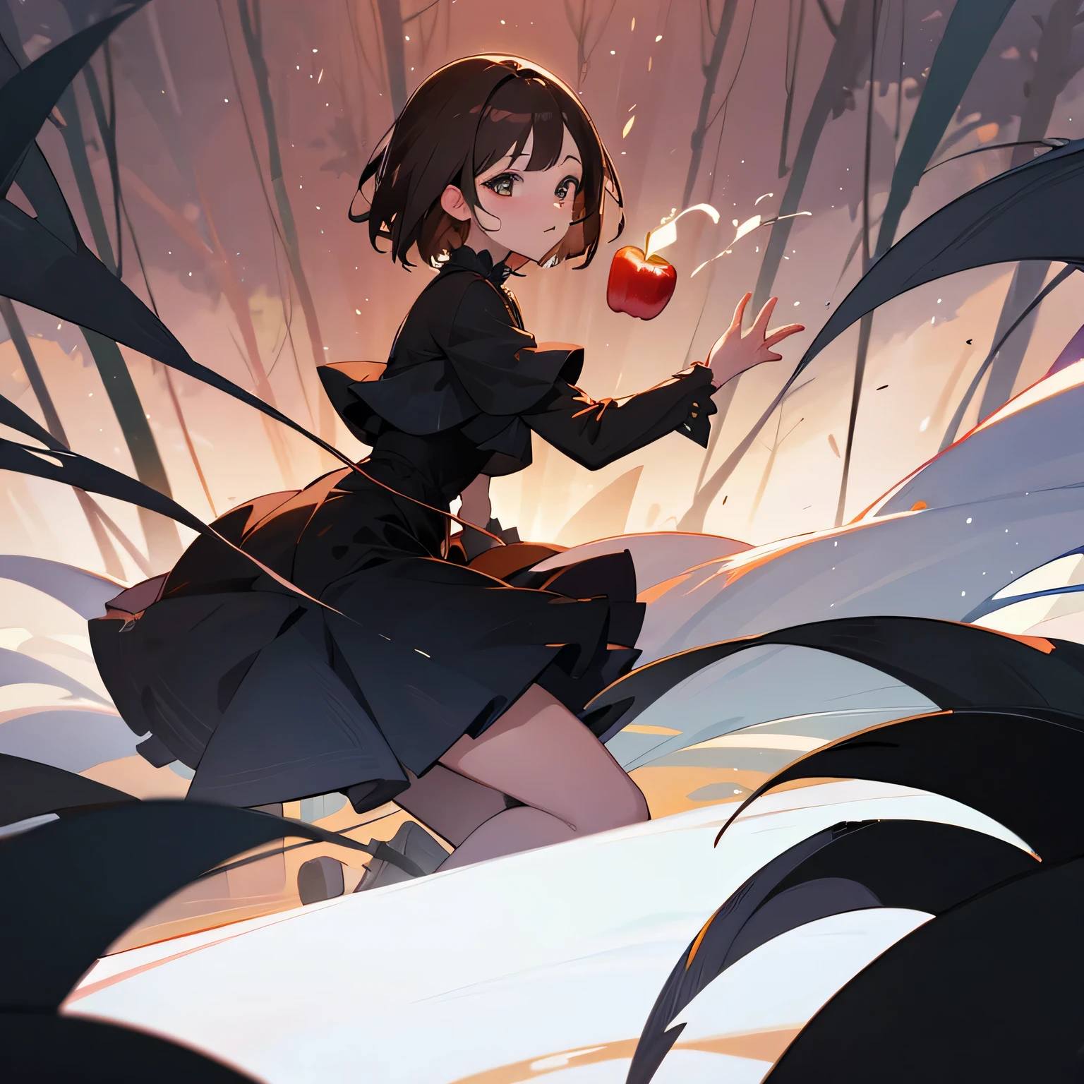 girl、brown hair、short hair、Black Dress、Princess、in the forest、morning、lonely、bite an apple