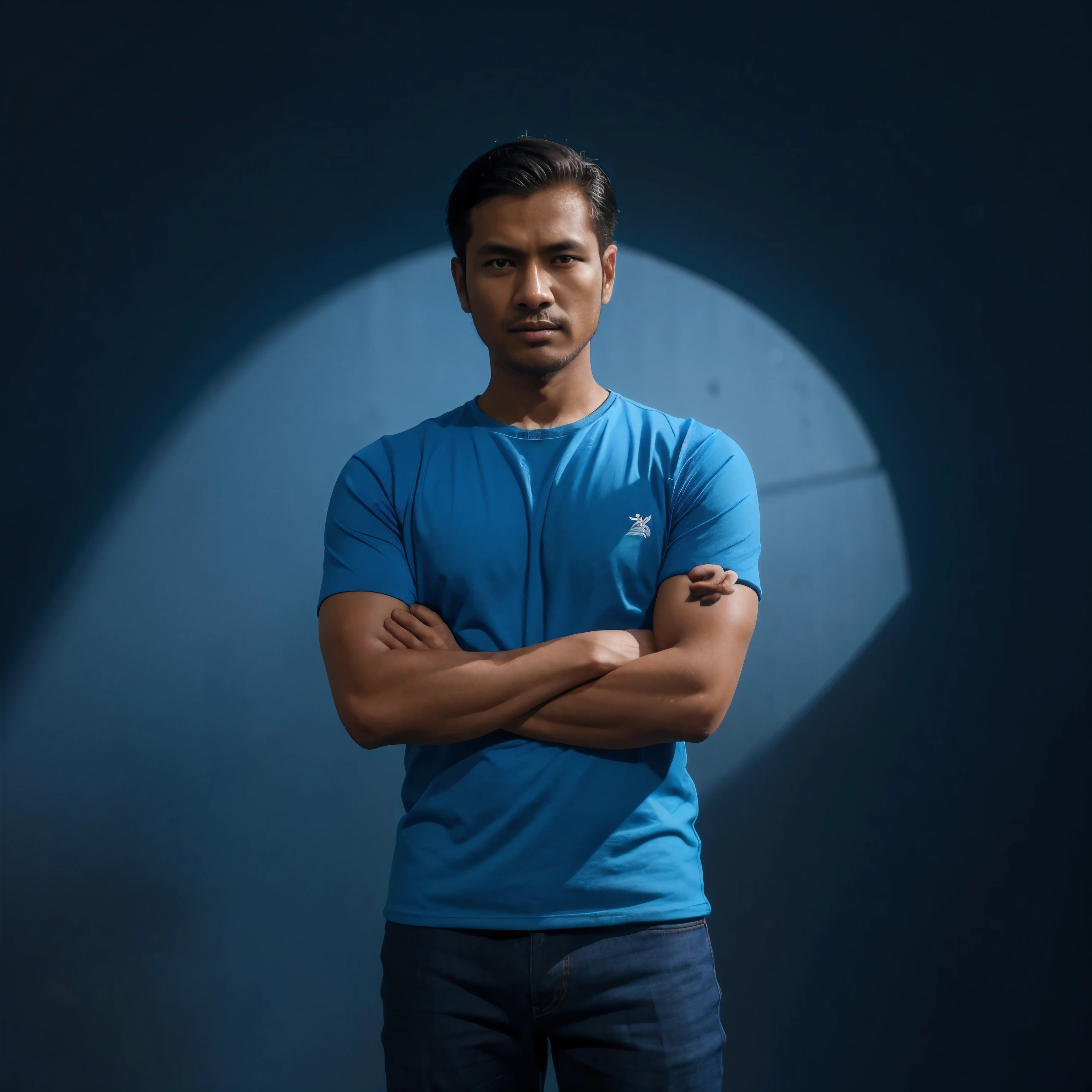 a man standing with his arms crossed in front of a blue background, nivanh chanthara, richard sigamani, duy beni serial, bangkuart, alphonse murac, christian orrillo, brom gerald, vfx, sadan vague, man in his 30s, lionardo davinchi, mid - 3 0 s