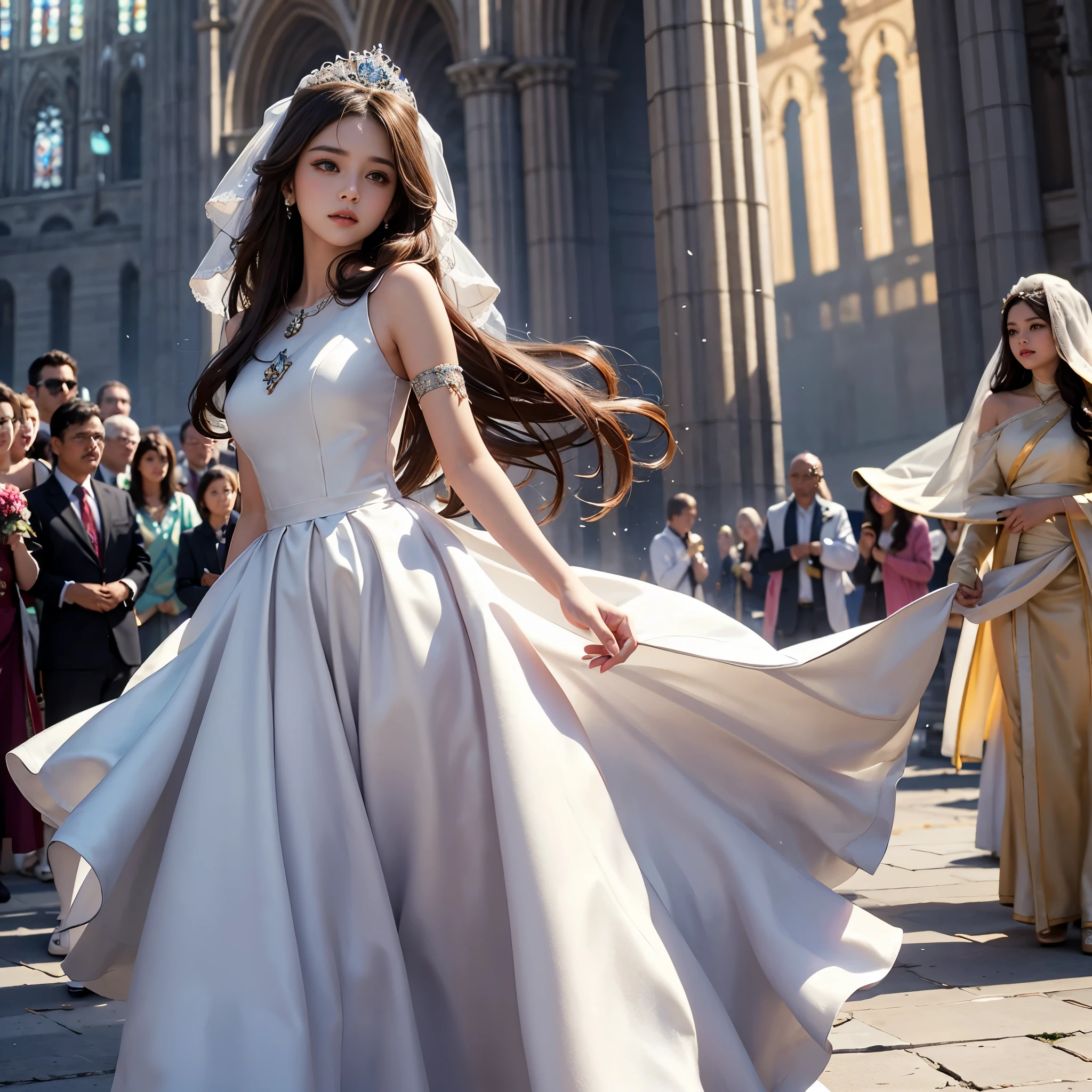 best quality, masterpiece, 1 girl, yak, cute , shiny lips, sweet, sun glare, Conservative attire, wedding dress, Bridal tiara, depth of field, blurred background, Cathedral Background, light particles, strong wind, long hair, head tilt
