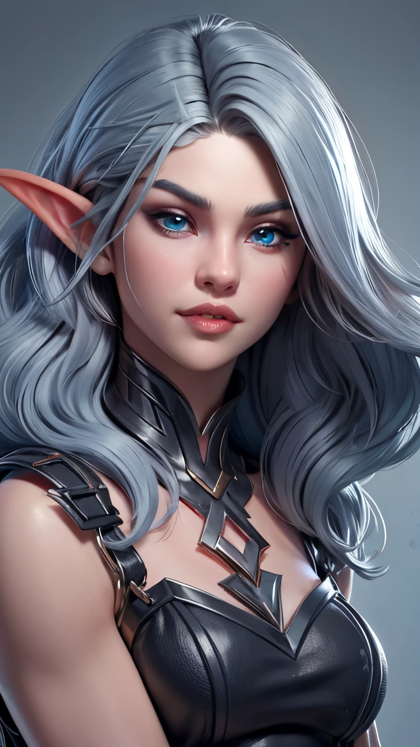 beautiful portait of night_elf female in her 20s with fit body , perfect face feature , (blunt bob hair), (silver hair color), (blue eyes color), thick kissable lips , thin nose ,pointy ears, (shenelf)