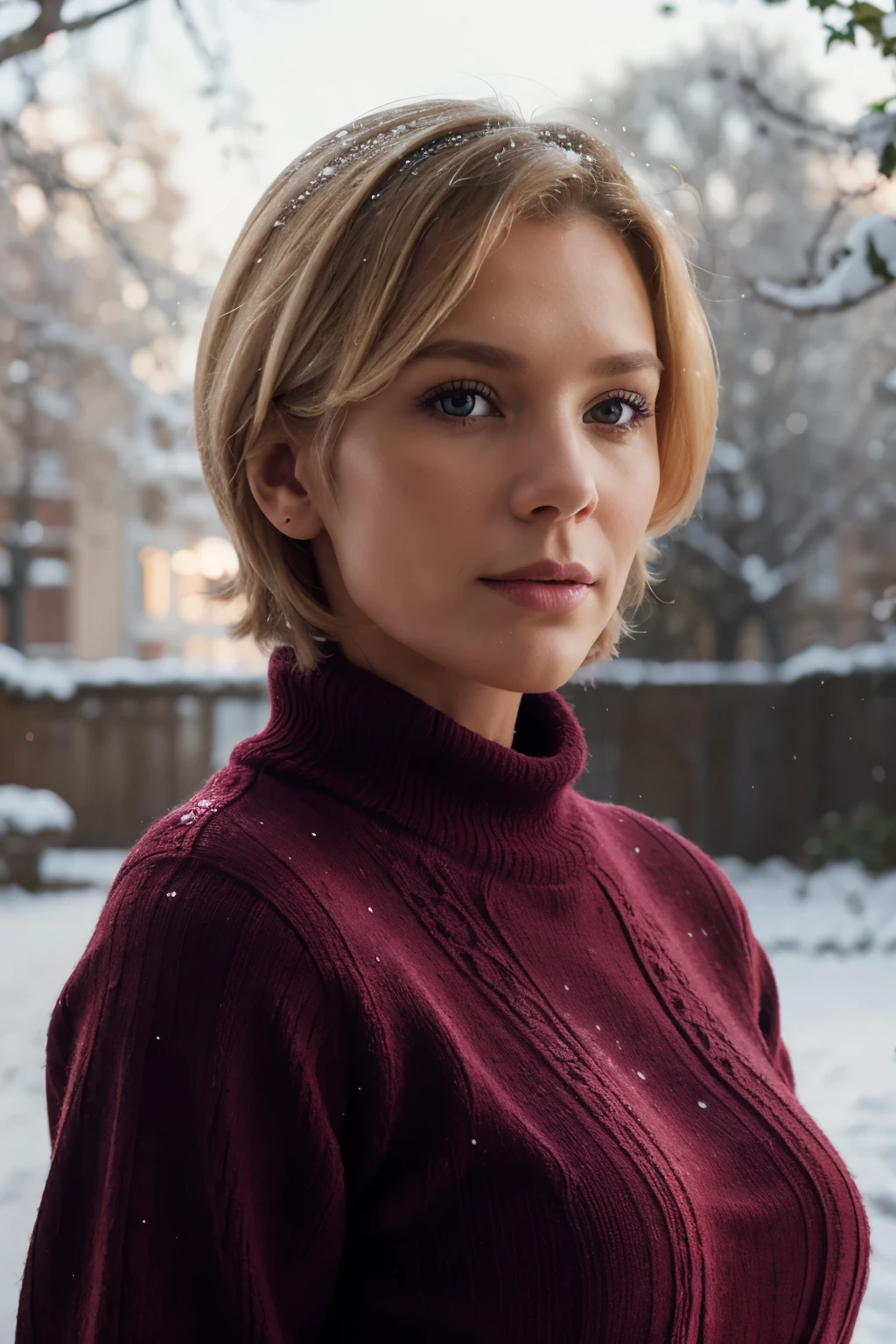 Super realism, studio photo for a magazine. background viburnum in the snow. amazingly beautiful woman 55 years old. blond short hair. burgundy sweater with a high collar. Hyper realism, 8K,