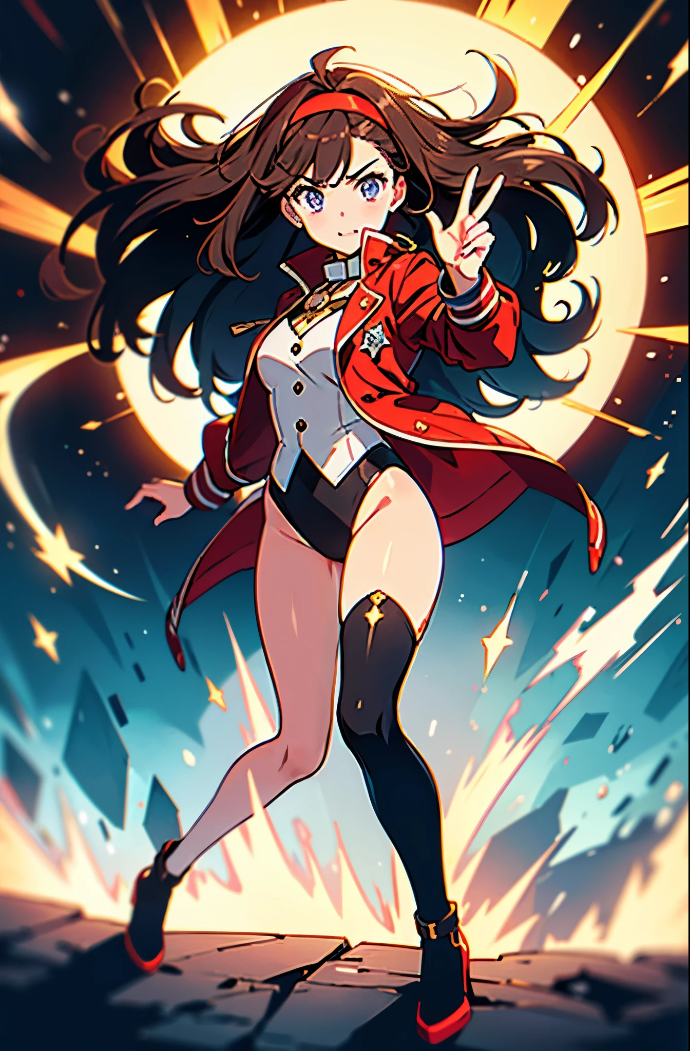 Woman with brown eyes, age 21 (medium hair, dark brown hair, wavy hair, red hairband), ahoge, ((white blouse with black stars, vest, jacket, opened jacket, red jacket with stars)), (leotard, bare legs, black thigh highs, high-heel shoes), purple stellar energy around, cosmic power, cosmic shining power. purple eyes, beautiful detailed eyes, beautiful detailed face, cute face, perfect hands, complete fingers, perfect anatomy, perfect proportions. (casting a spell). full body costume design, full body, cowboy shot.