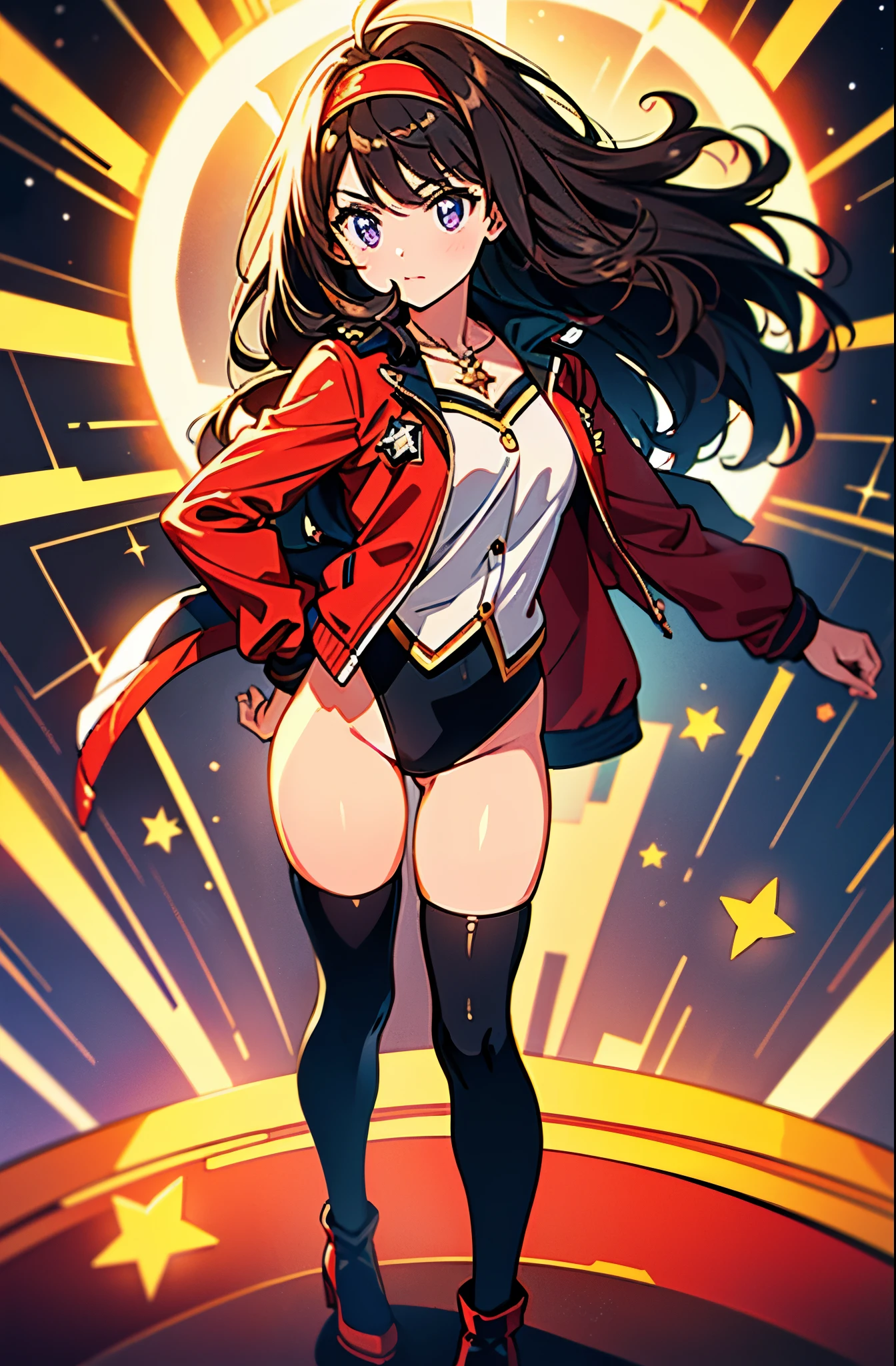 Woman with brown eyes, age 21 (medium hair, dark brown hair, wavy hair, red hairband), ahoge, ((white blouse with black stars, vest, jacket, opened jacket, red jacket with stars)), (leotard, bare legs, black thigh highs, high-heel shoes), purple stellar energy around, cosmic power, cosmic shining power. purple eyes, beautiful detailed eyes, beautiful detailed face, cute face, perfect hands, complete fingers, perfect anatomy, perfect proportions. (casting a spell). full body costume design, full body, cowboy shot.