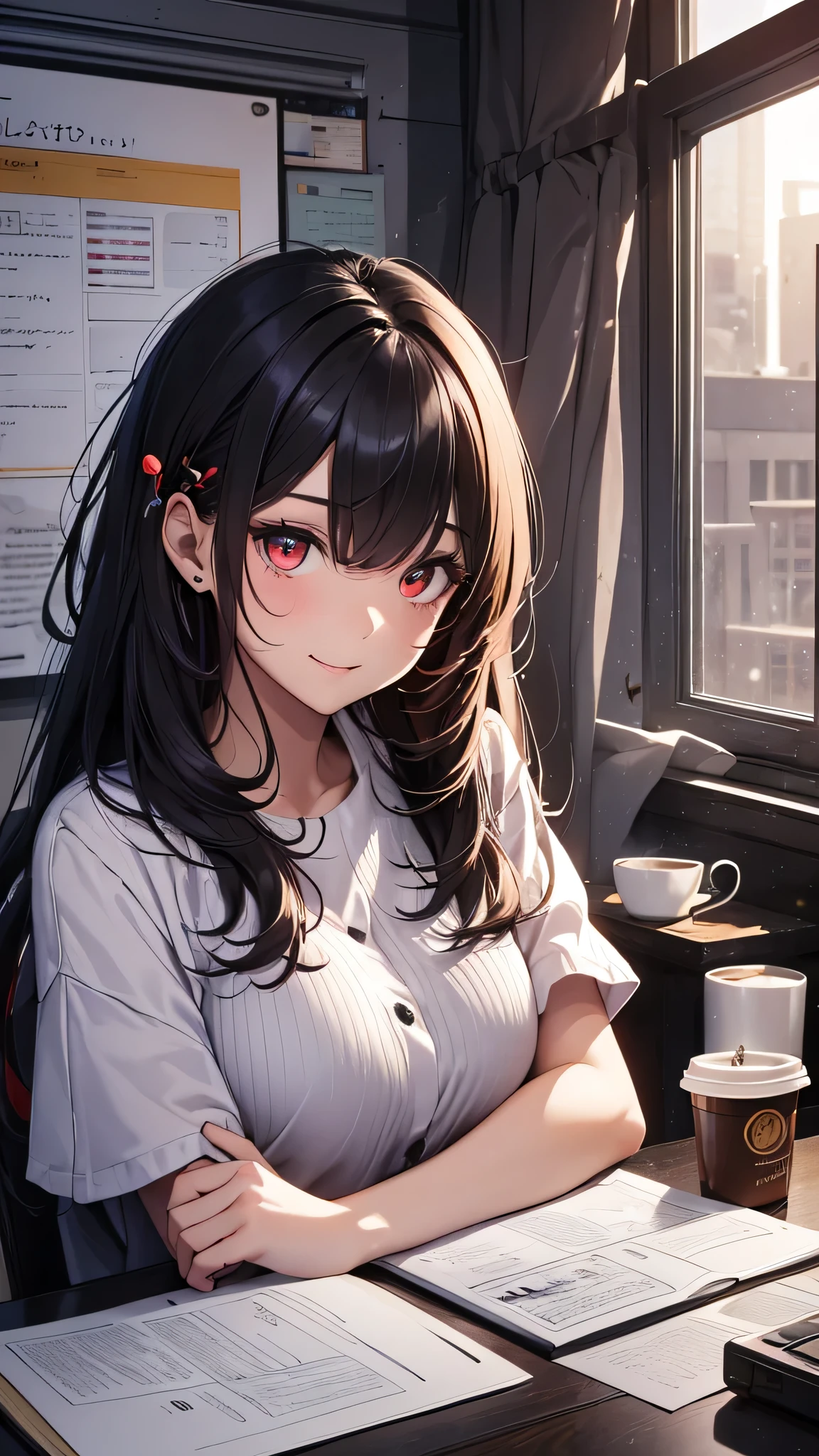 最high quality、Best image quality、masterpiece、girl((20-year-old、 By becoming、Best Bust、Medium Bust,Wide open breast tea、red glowing eyes, Black and red hair、Disheveled Hair、Long Hair、thin,The highest valley、Black open-neck short-sleeved shirt(1:2)、Open chest、White wristband、smile、Leaning forward、hair ornaments、have a laptop、Side angle、Lointail)),high quality、Beautiful art、background((White computer room、Coffee cup、line of light、Whiteboard、graffiti))、Flight、Flying debris、Written boundary depth、movie、Visual Arts、Perfect art、8K,Genuine、
